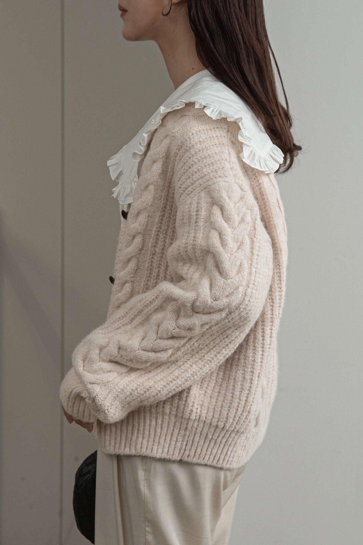 crew neck cable knit cardigan