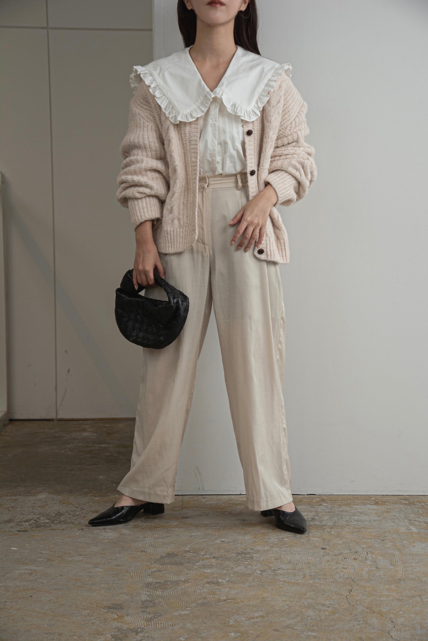 crew neck cable knit cardigan