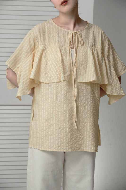 unevenness stripe frill ribbon blouse