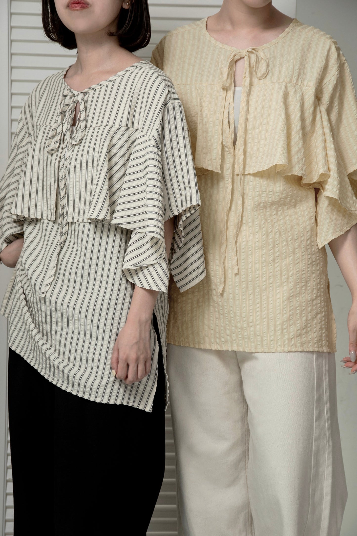 unevenness stripe frill ribbon blouse