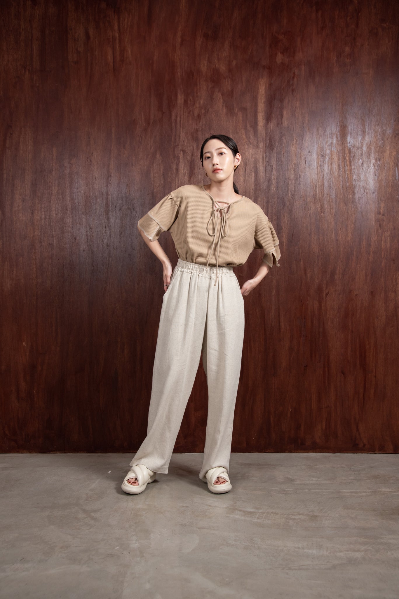 neck arrange rib stitch tops