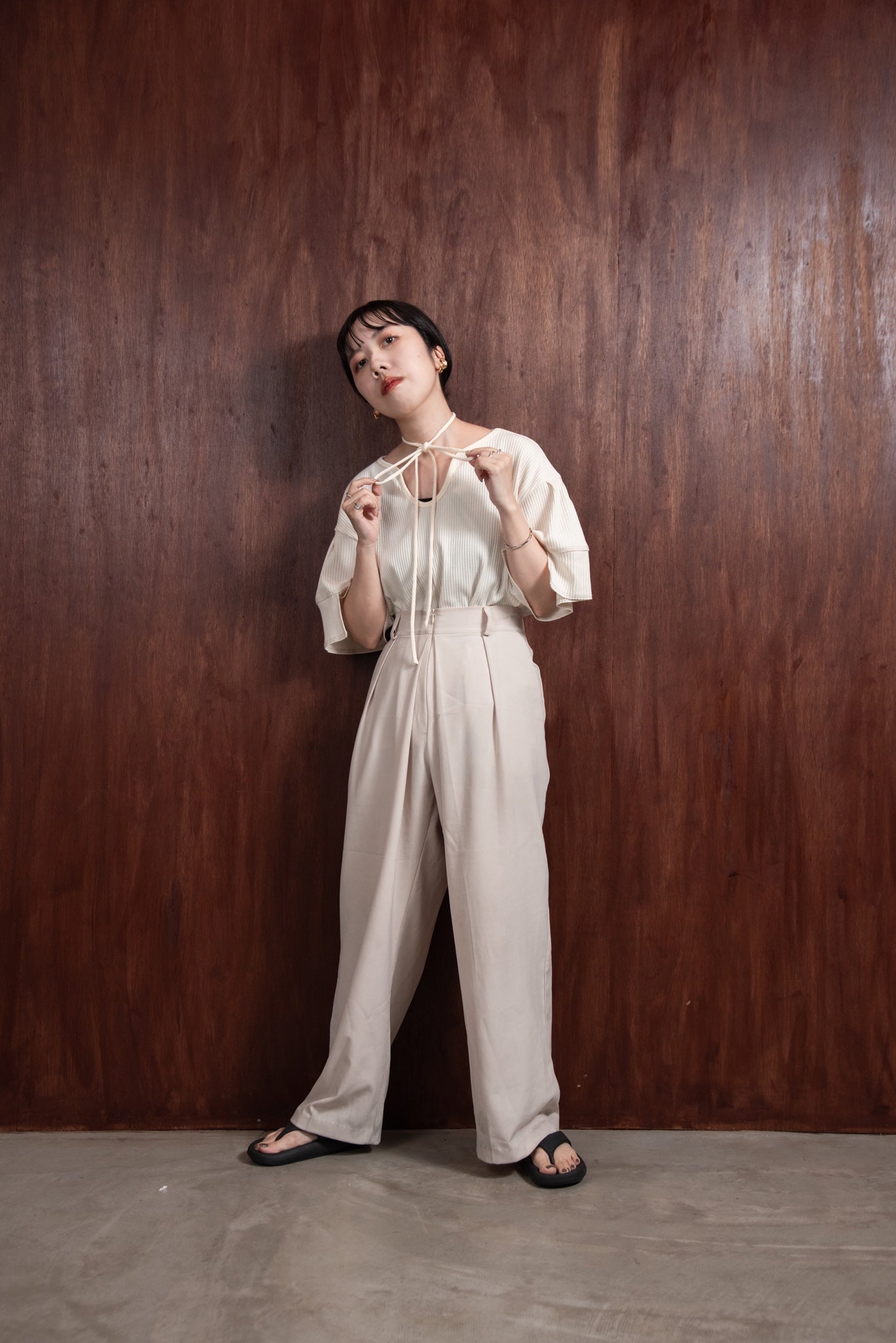 neck arrange rib stitch tops