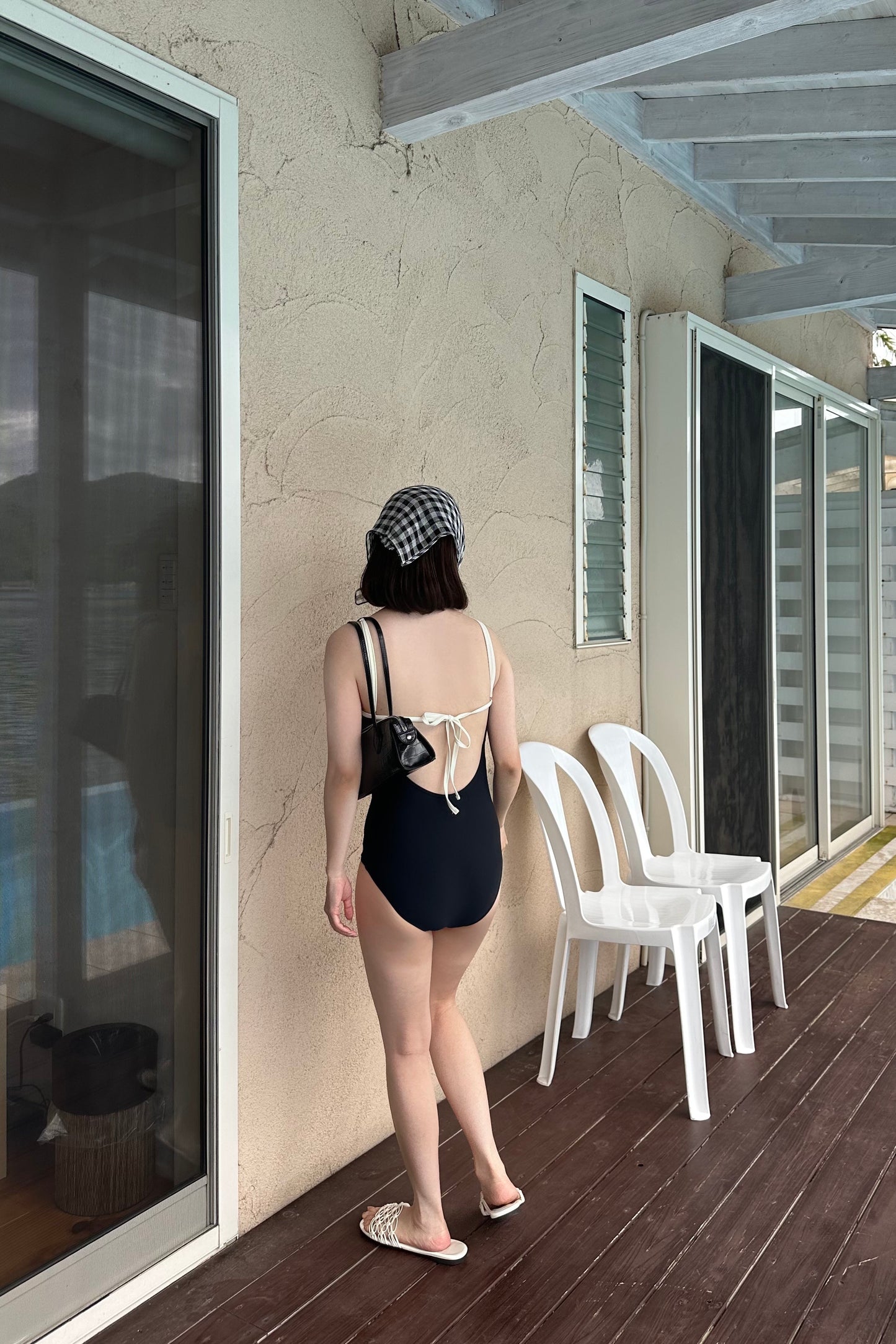 bi color v back open swimwear