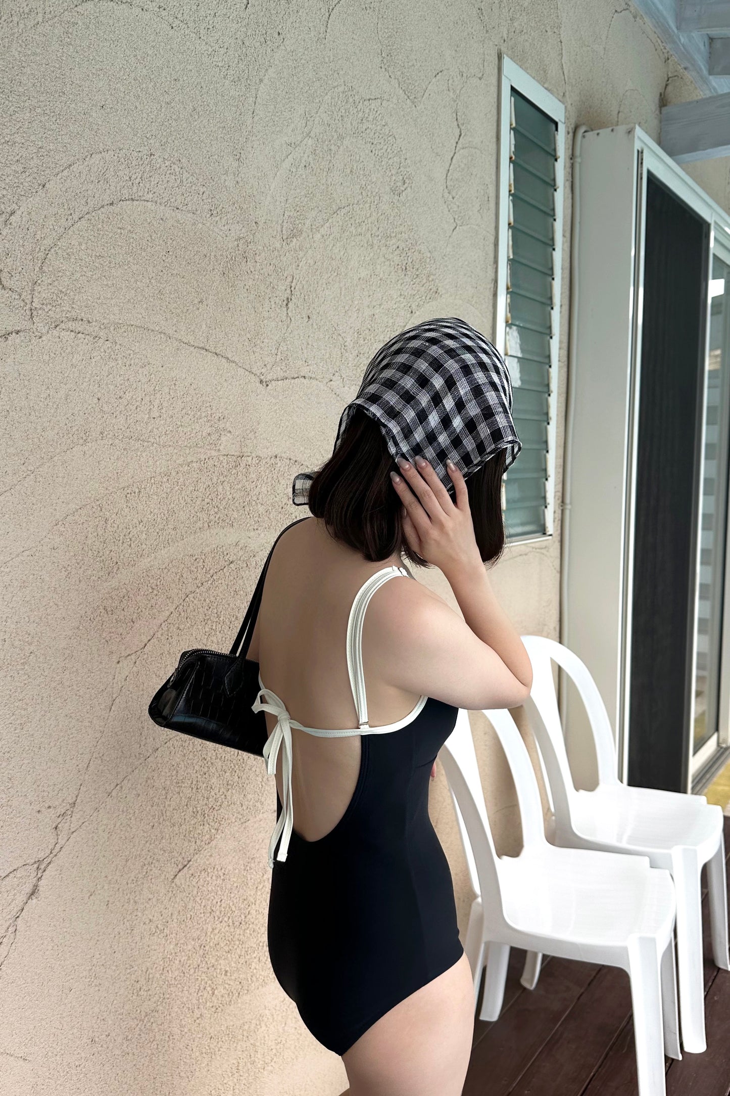 bi color v back open swimwear