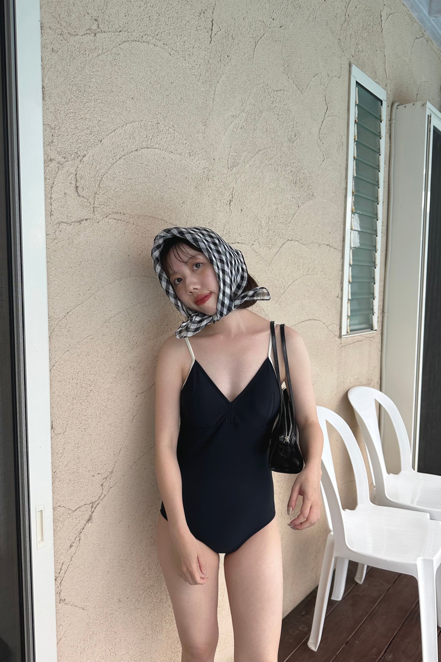 bi color v back open swimwear