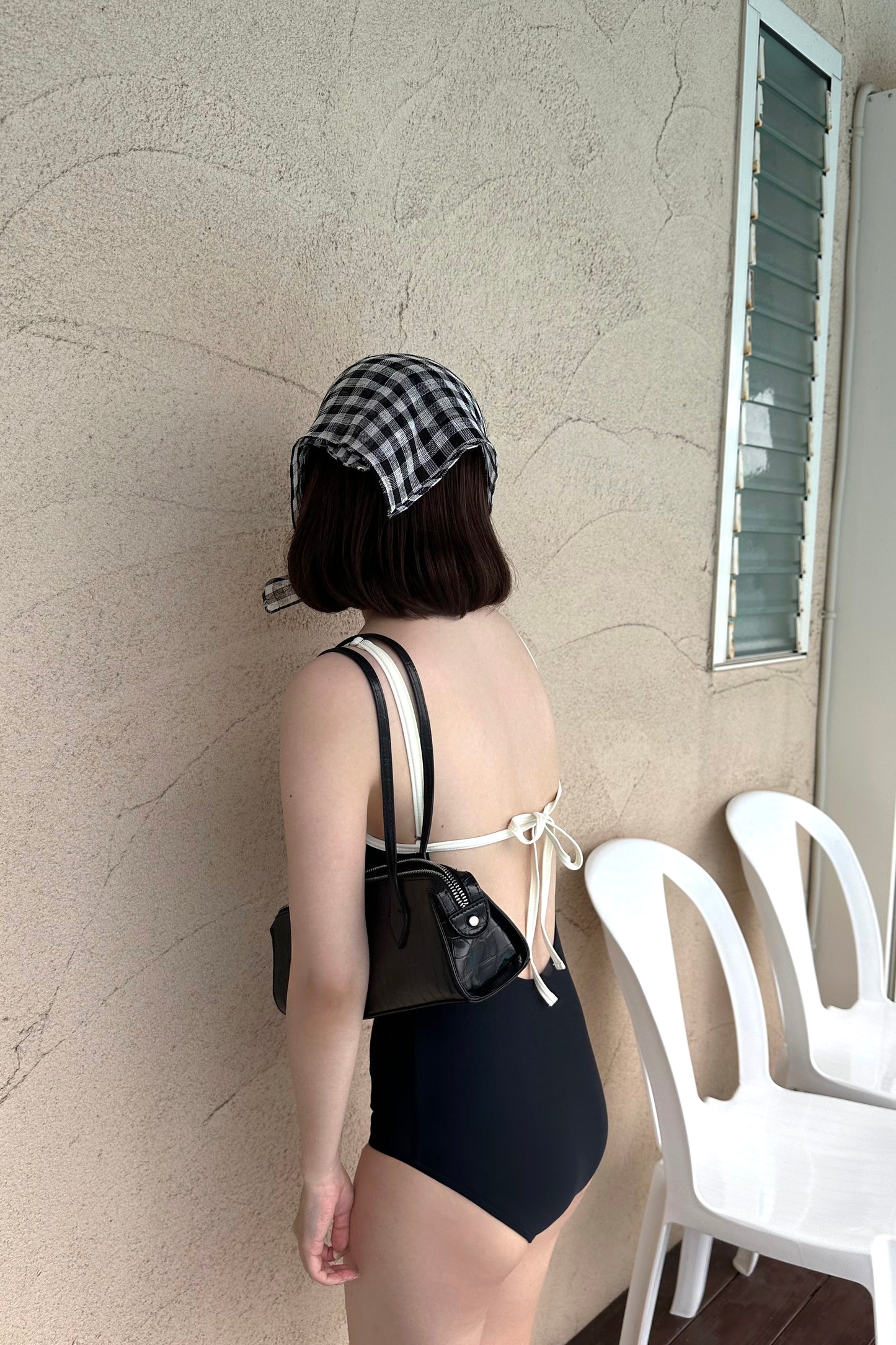 bi color v back open swimwear