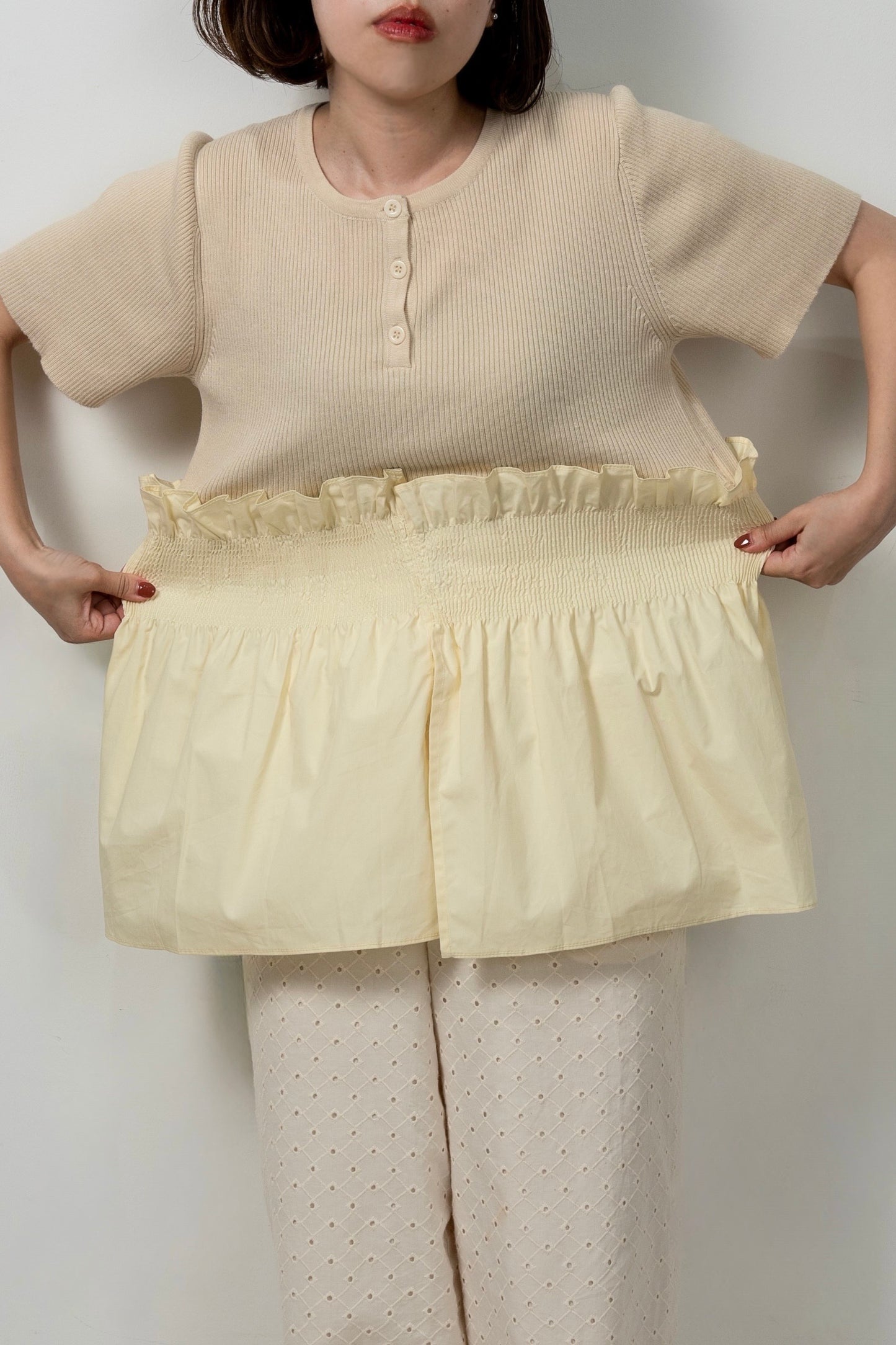 knit shirt docking shirring flare tops