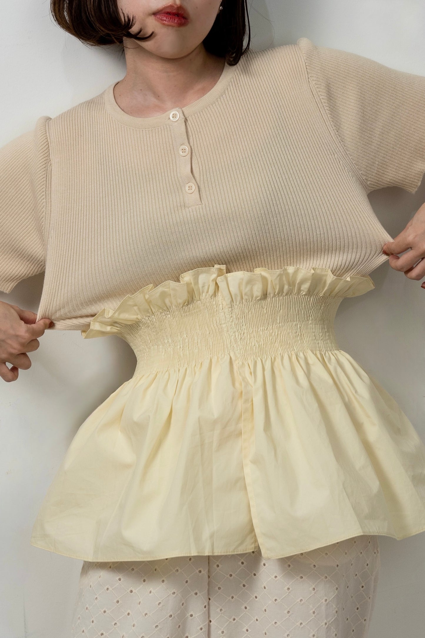 knit shirt docking shirring flare tops