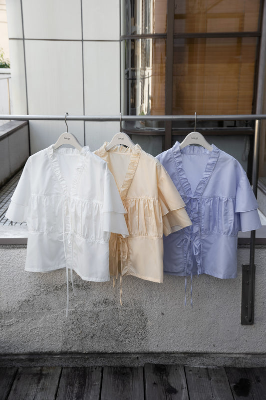 v frill line gather ribbon blouse