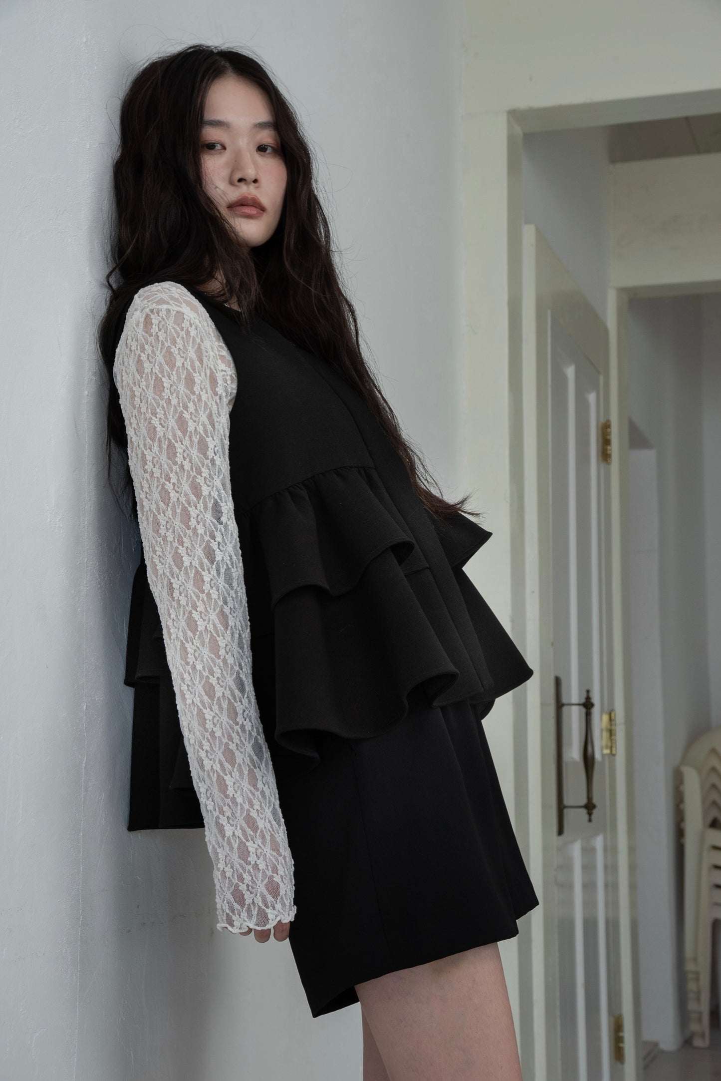 u neck sheer lace mellow tops