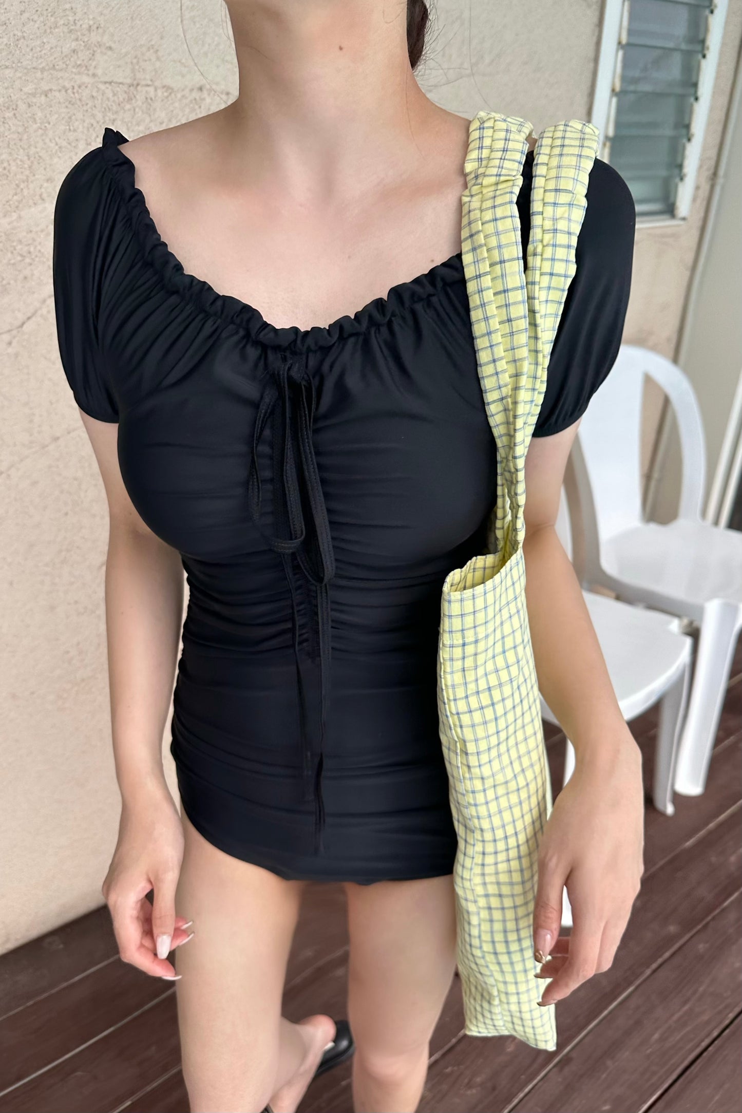 front gather short sleeve swimwear