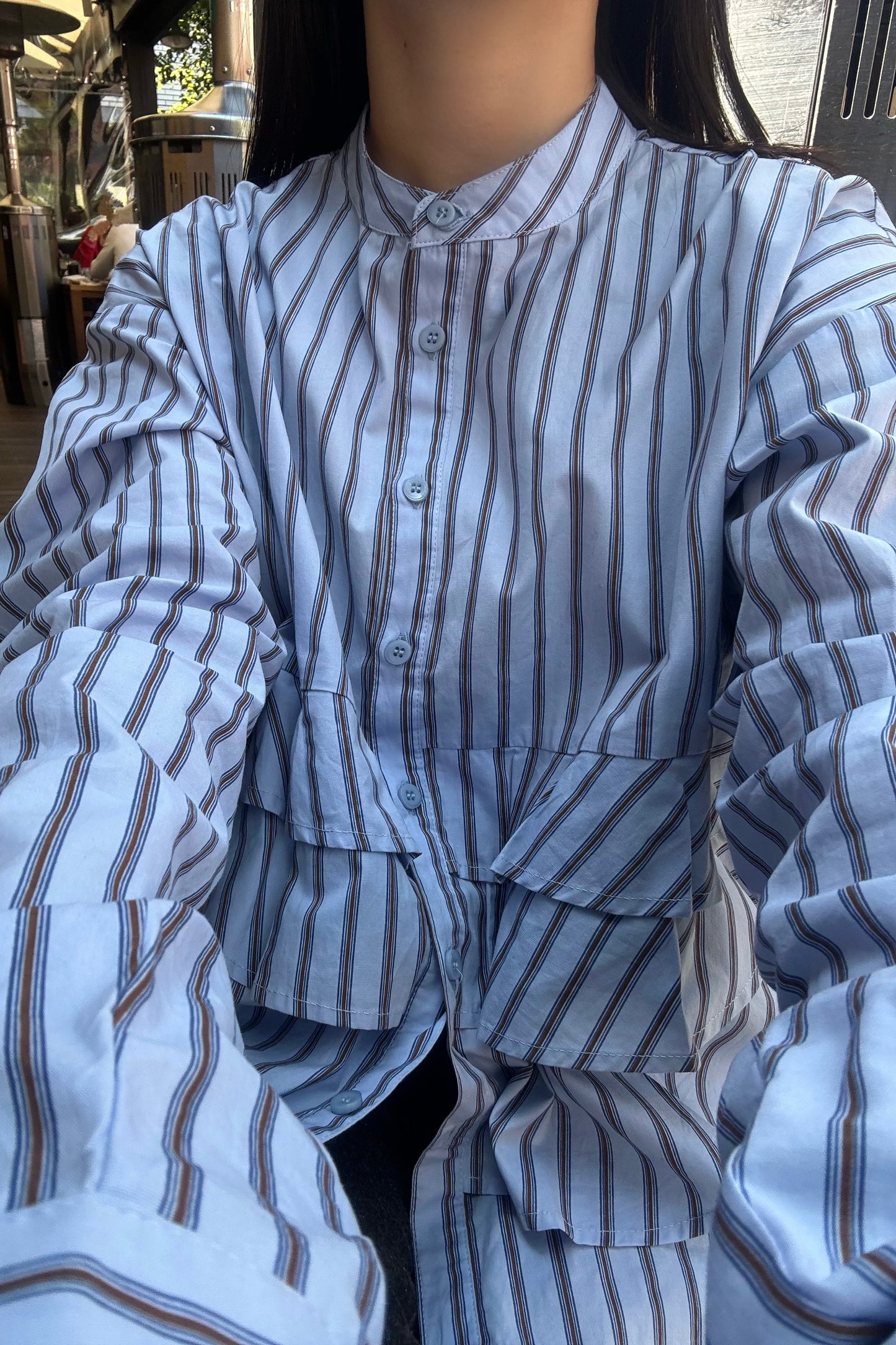 waist frill ribbon stripe shirt