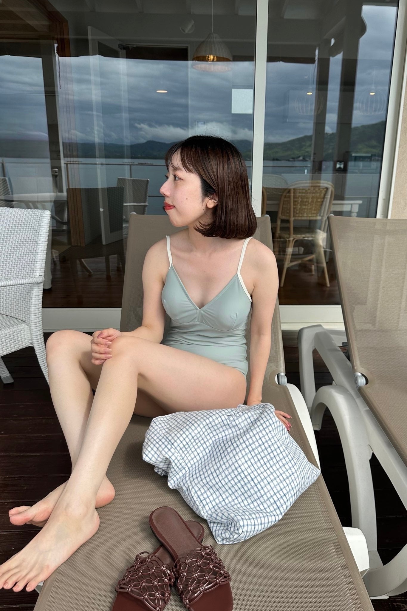 bi color v back open swimwear