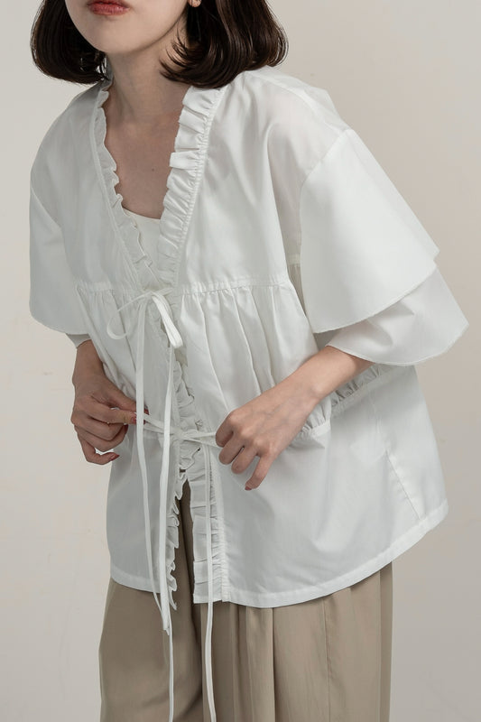 v frill line gather ribbon blouse