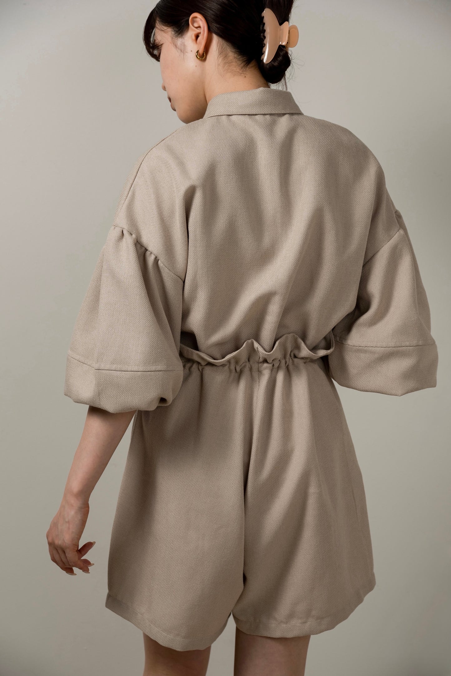 volume sleeve waist gather combinaison