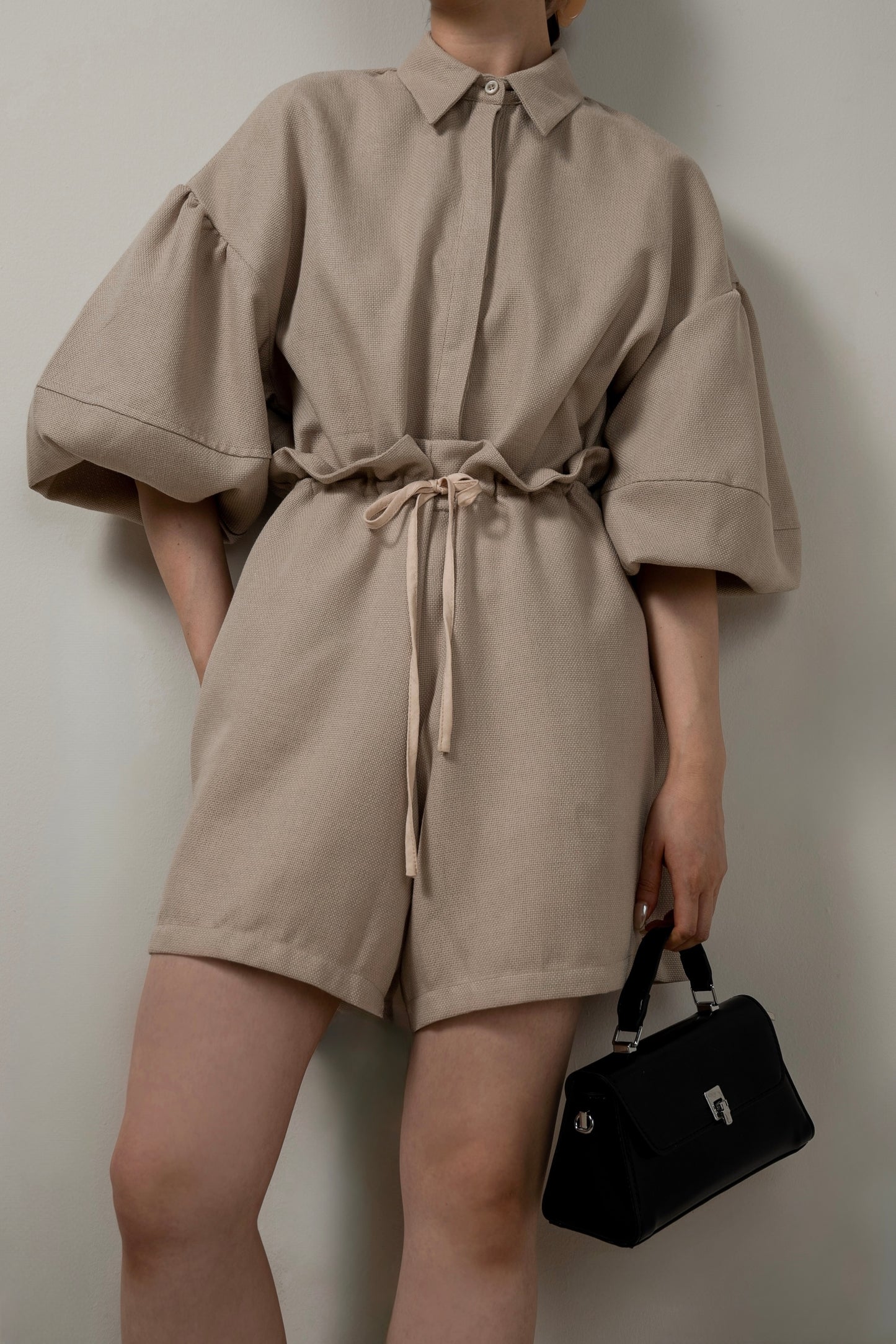 volume sleeve waist gather combinaison