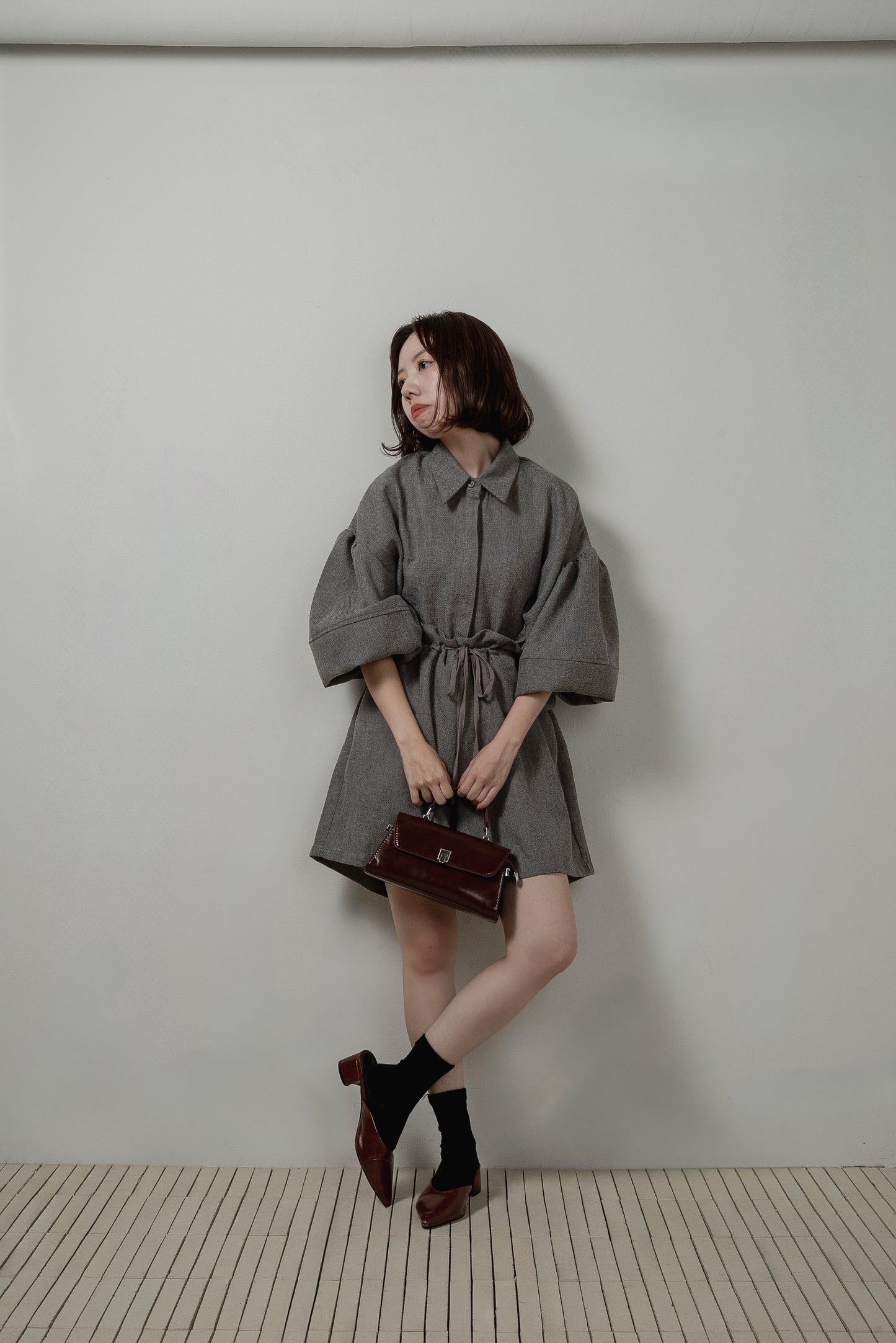 volume sleeve waist gather combinaison
