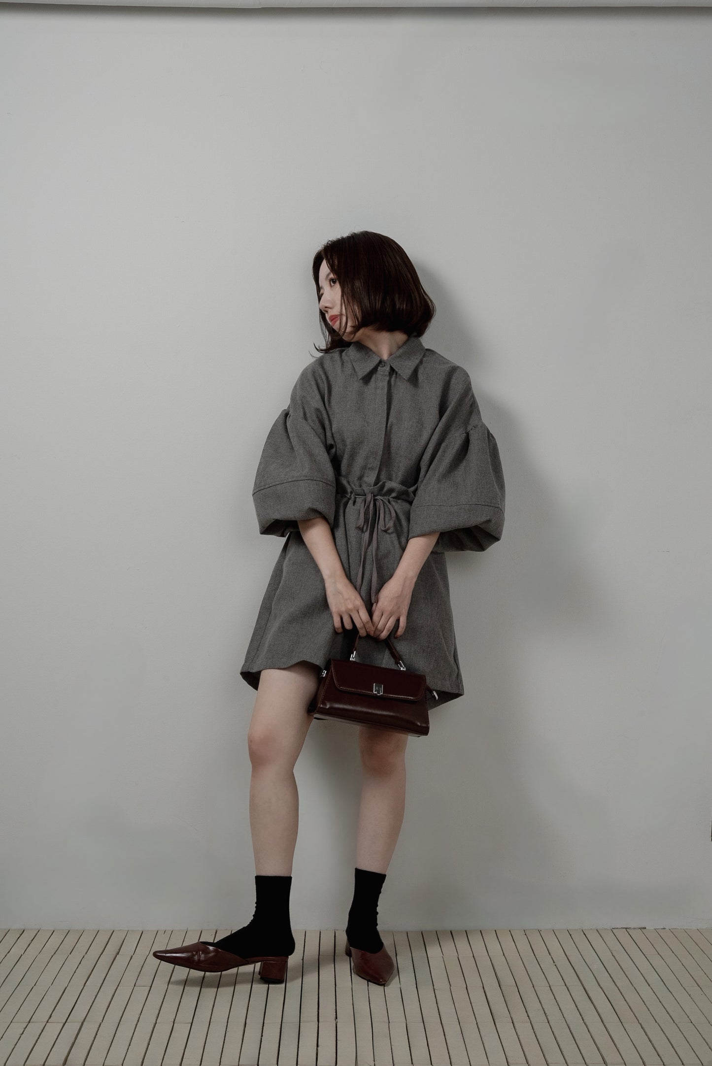 volume sleeve waist gather combinaison