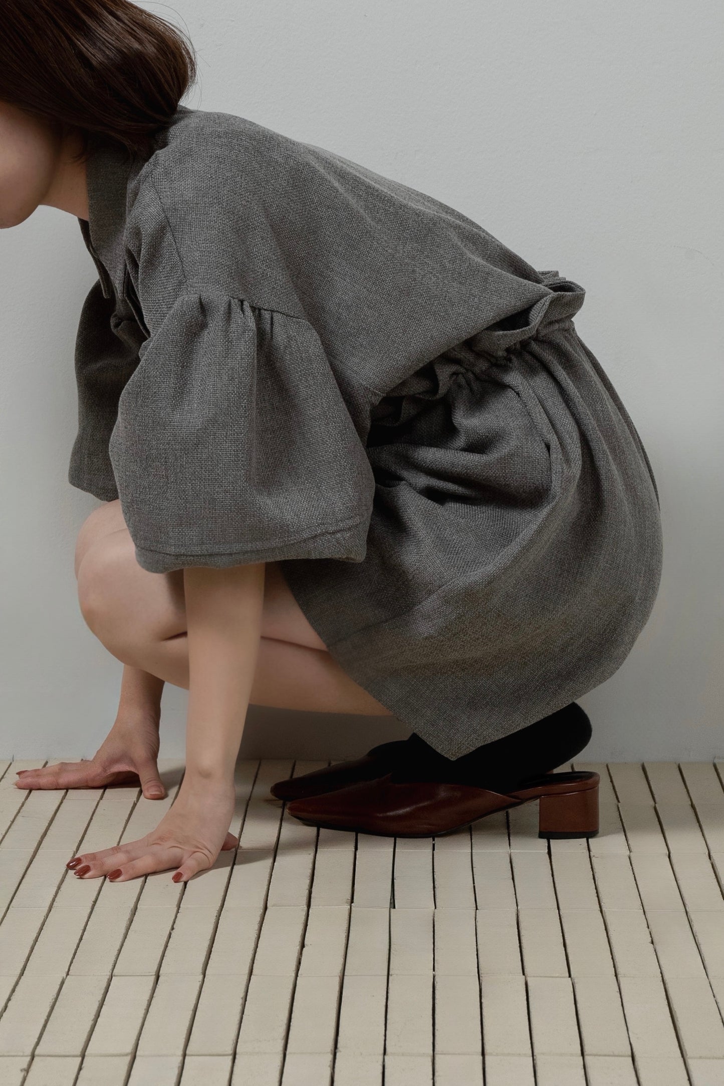 volume sleeve waist gather combinaison