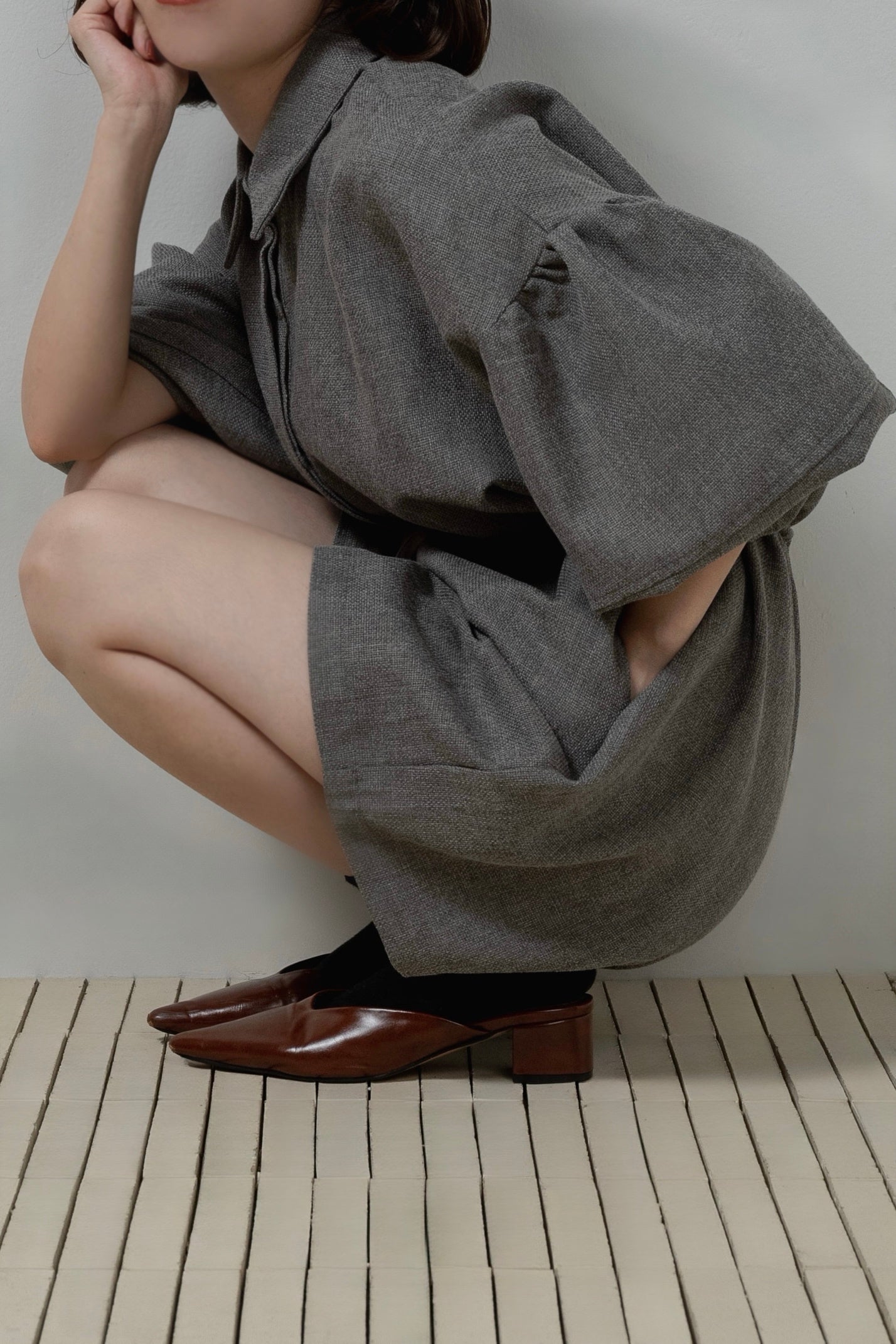 volume sleeve waist gather combinaison