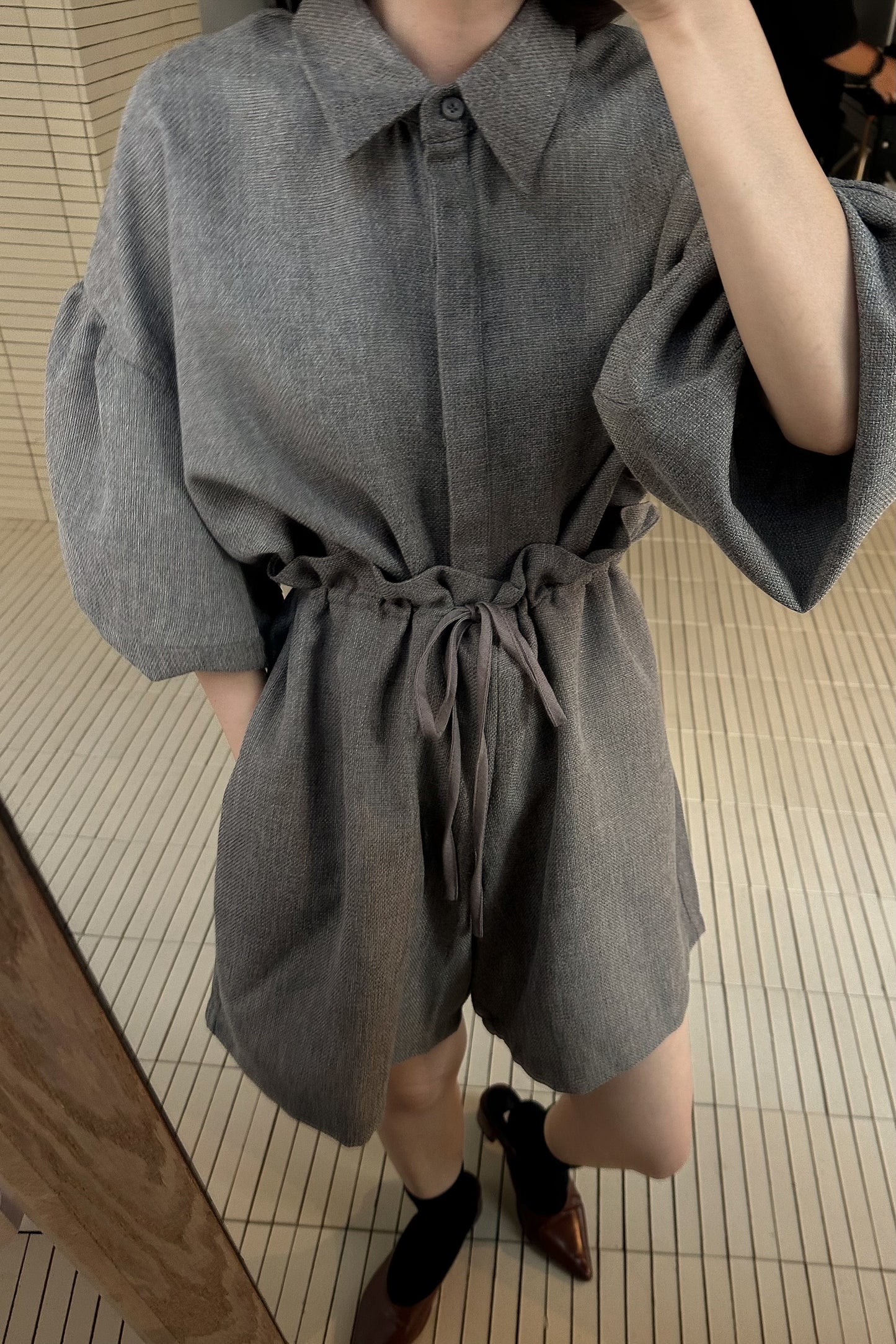 volume sleeve waist gather combinaison