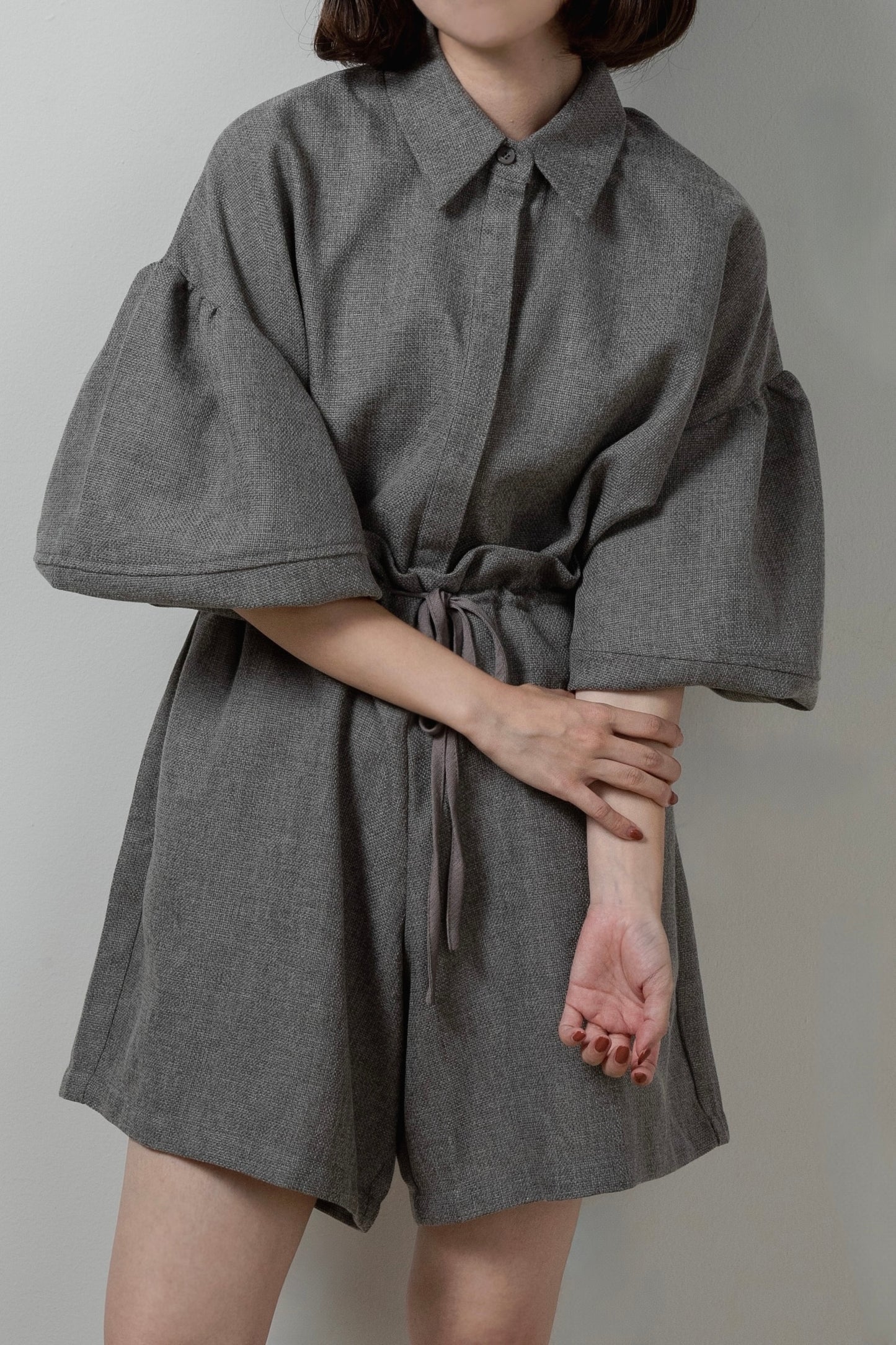 volume sleeve waist gather combinaison