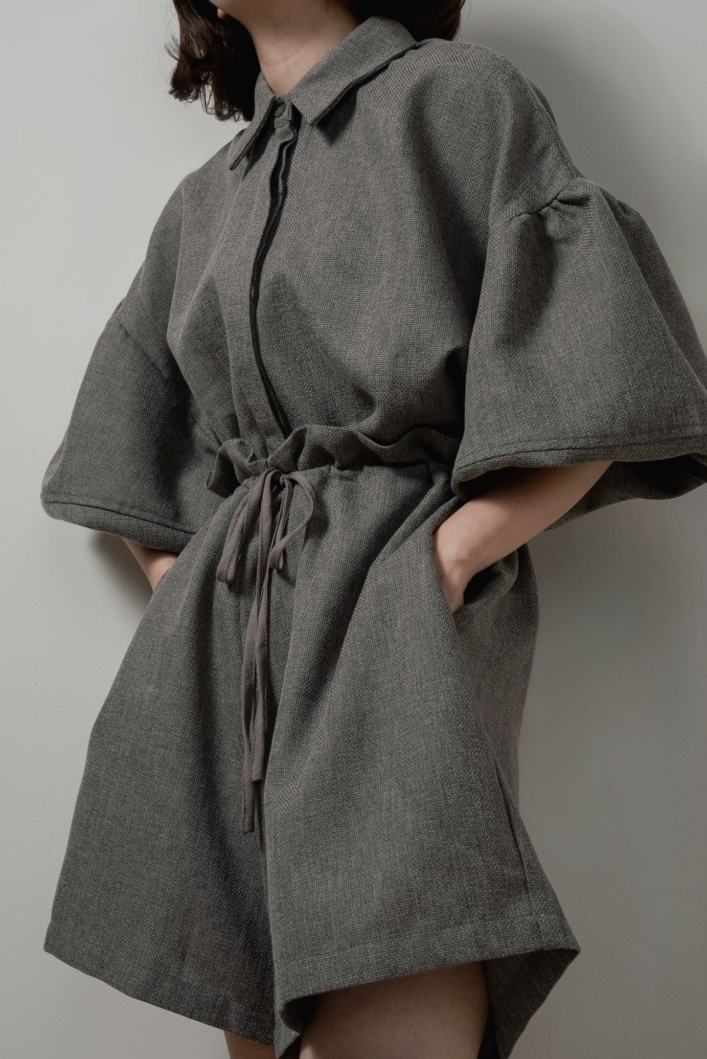 volume sleeve waist gather combinaison
