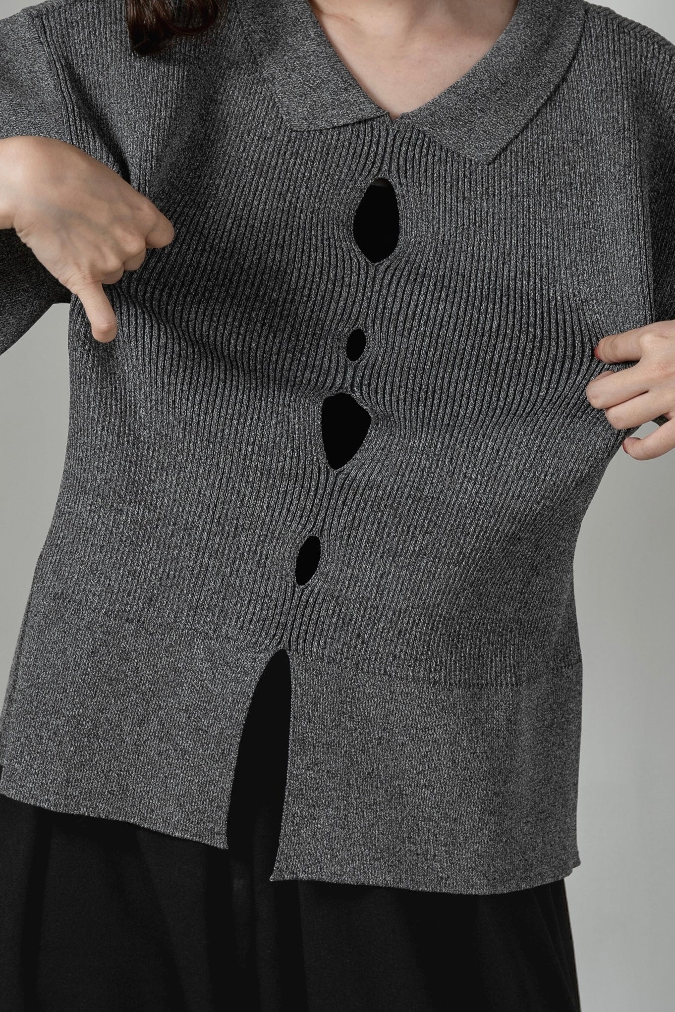 perforated collar puff sleeve knit