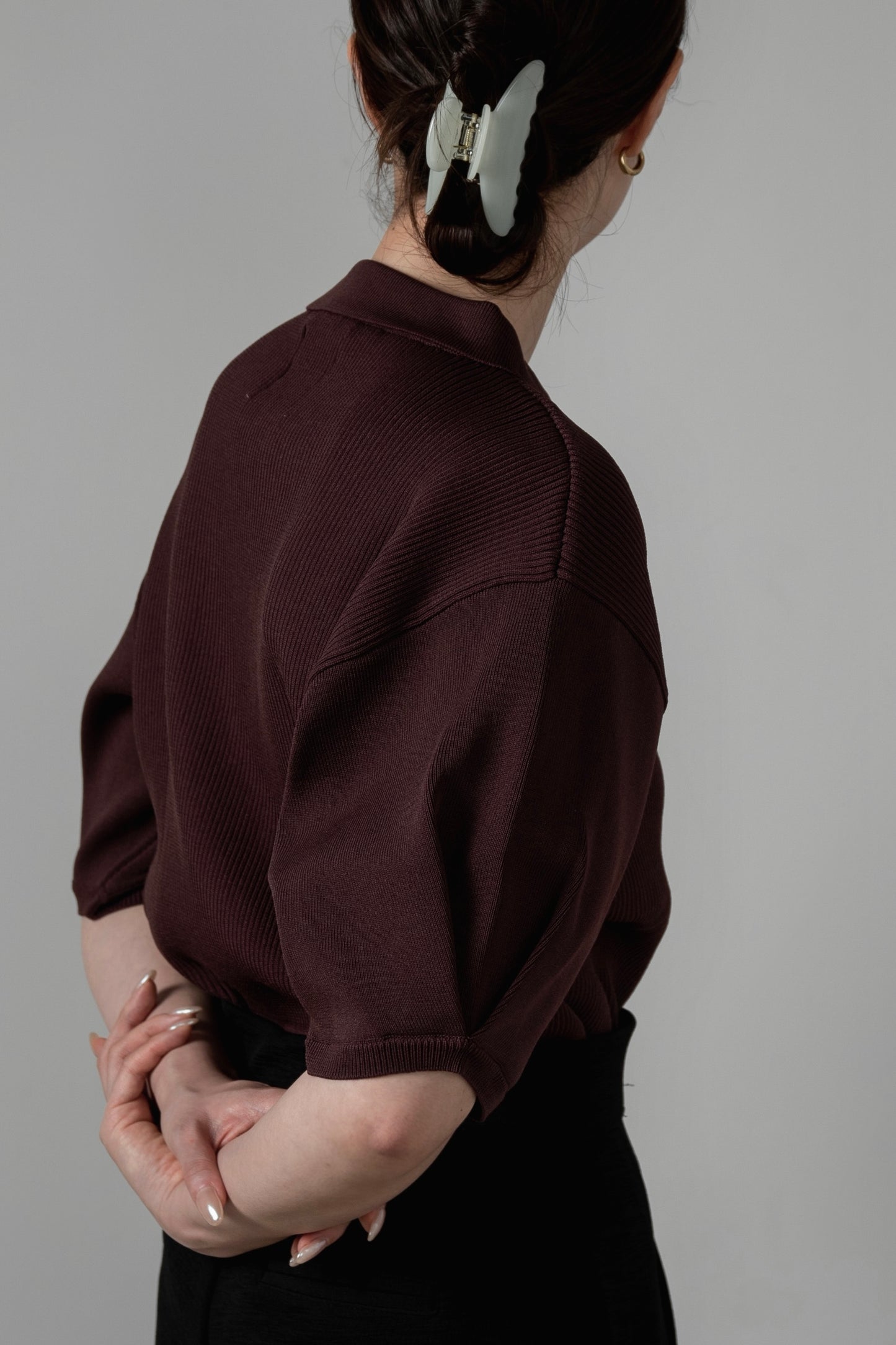 perforated collar puff sleeve knit