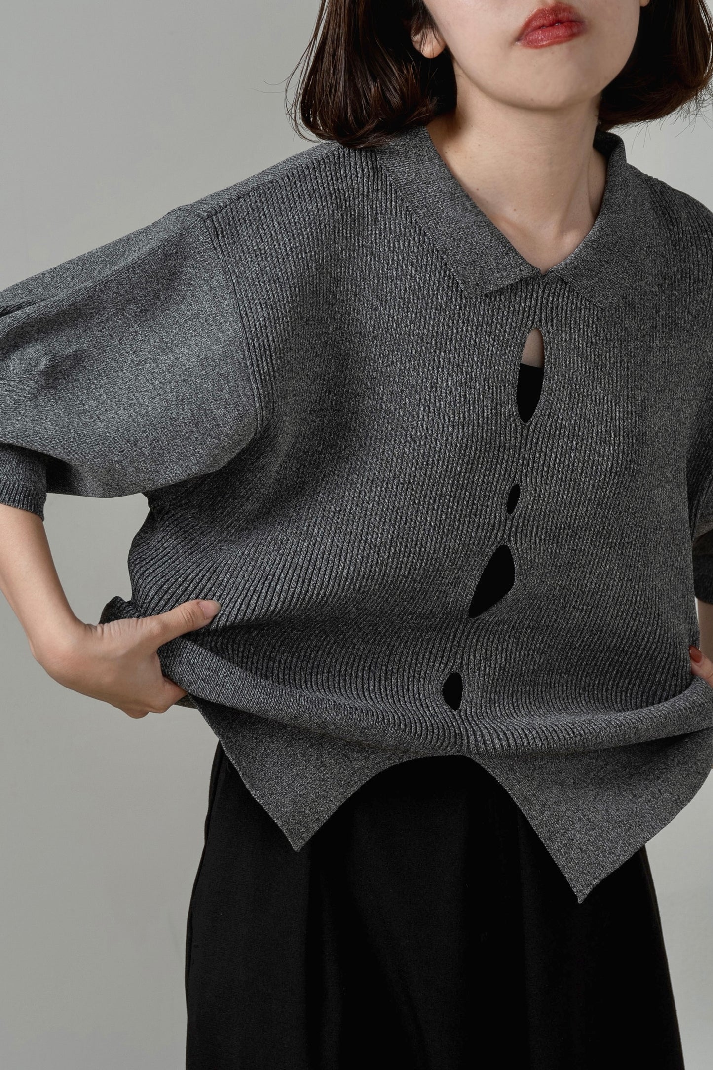 perforated collar puff sleeve knit