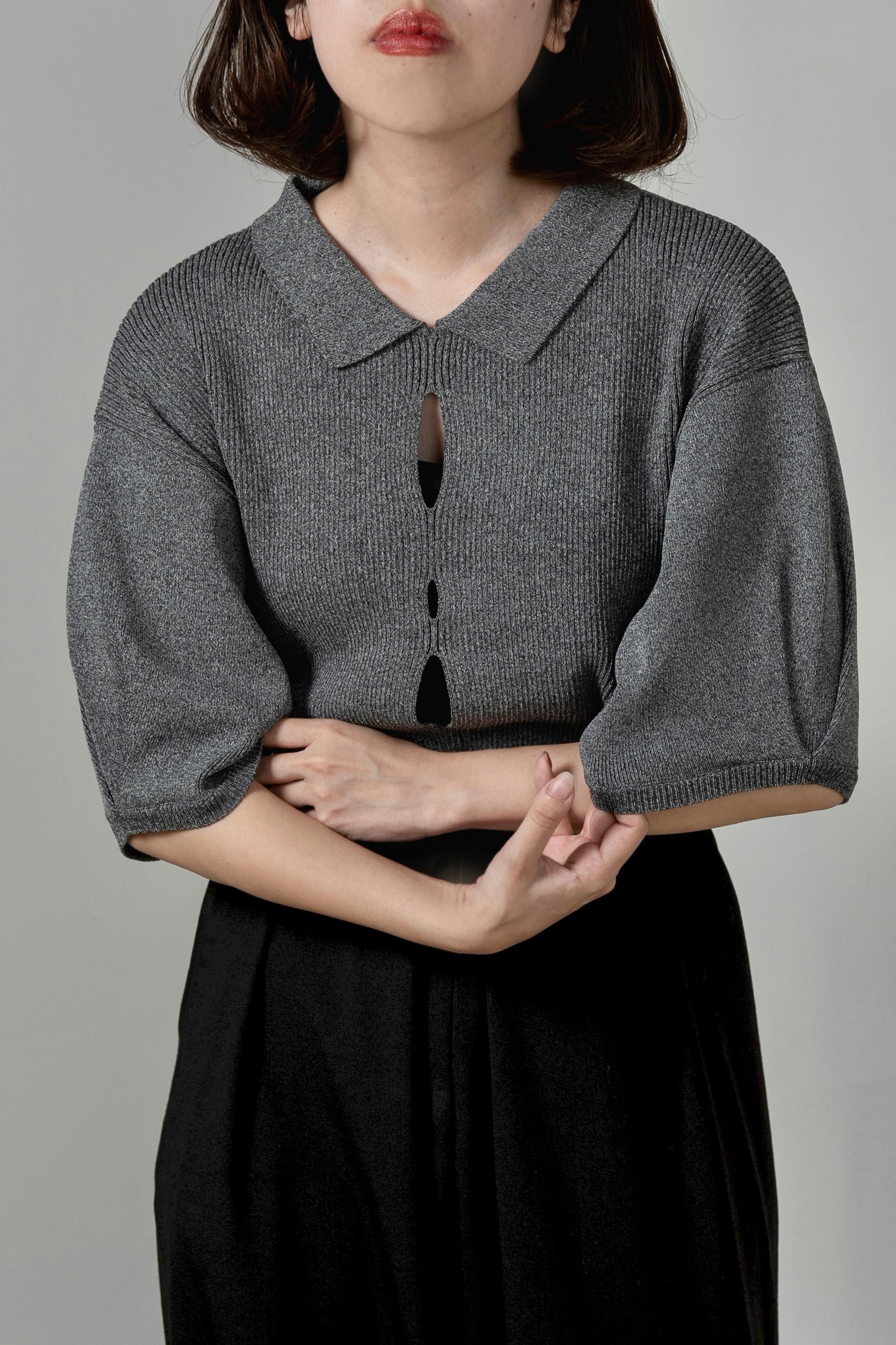 perforated collar puff sleeve knit