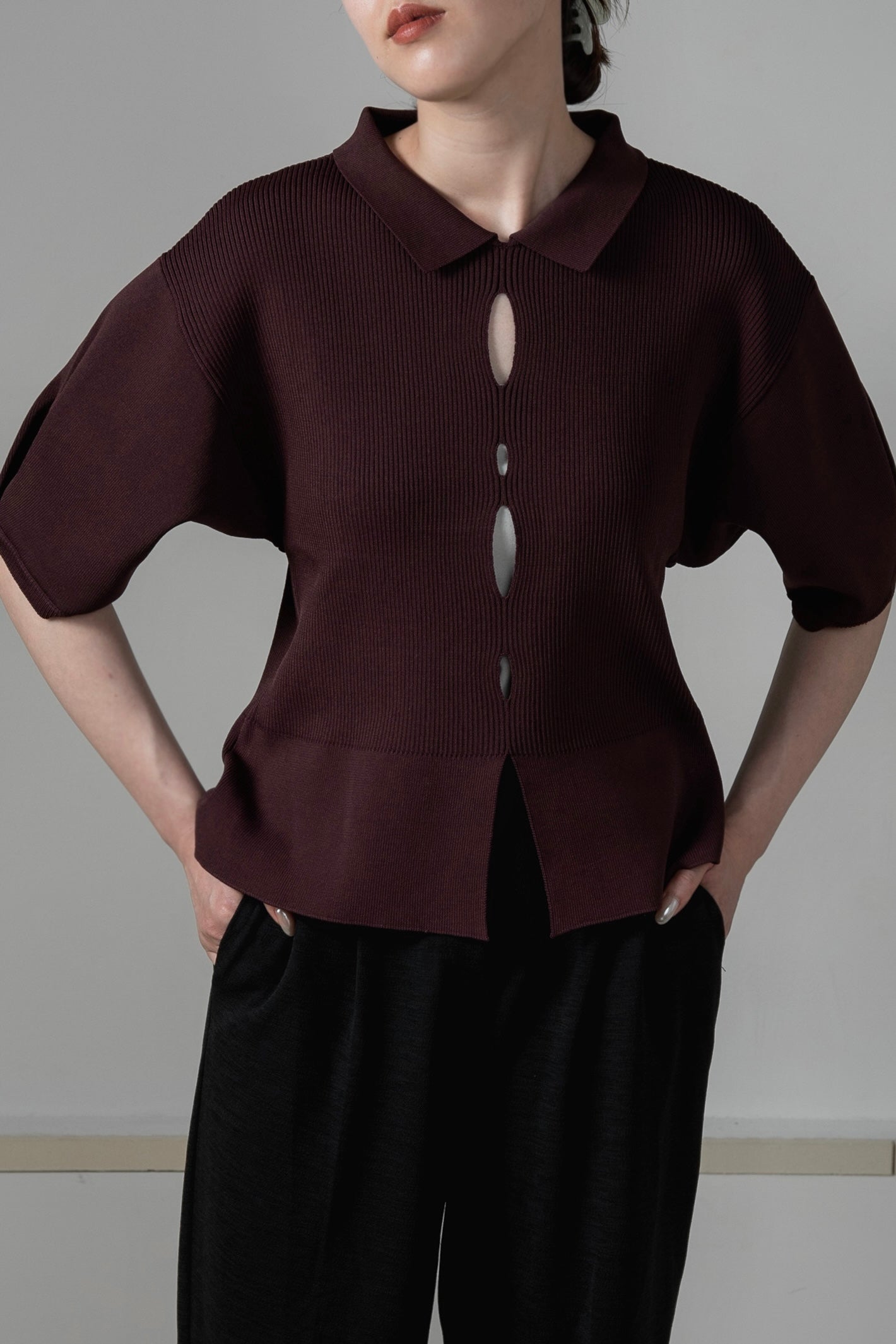 perforated collar puff sleeve knit
