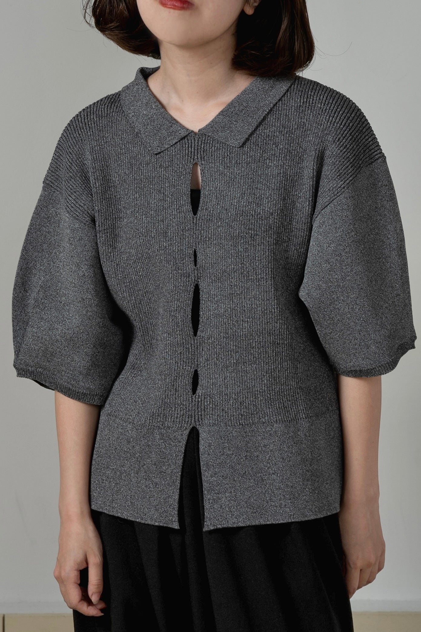perforated collar puff sleeve knit