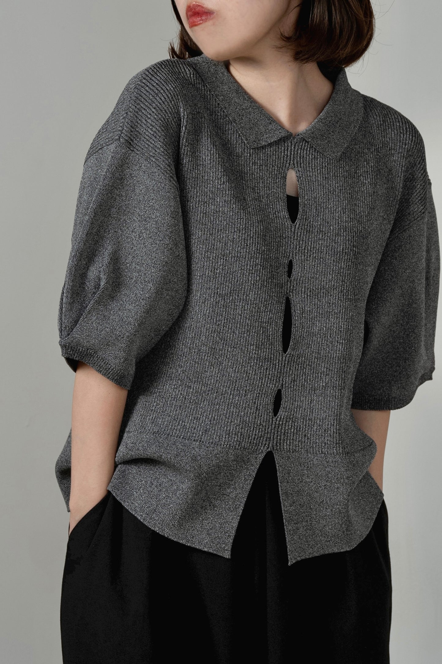perforated collar puff sleeve knit