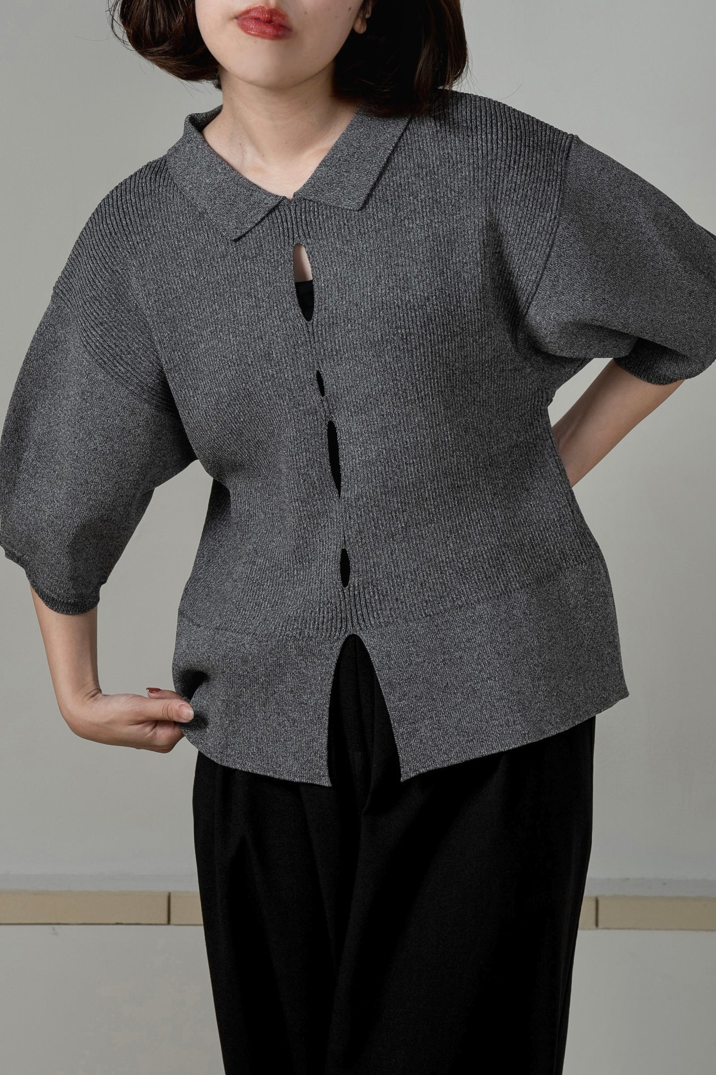 perforated collar puff sleeve knit