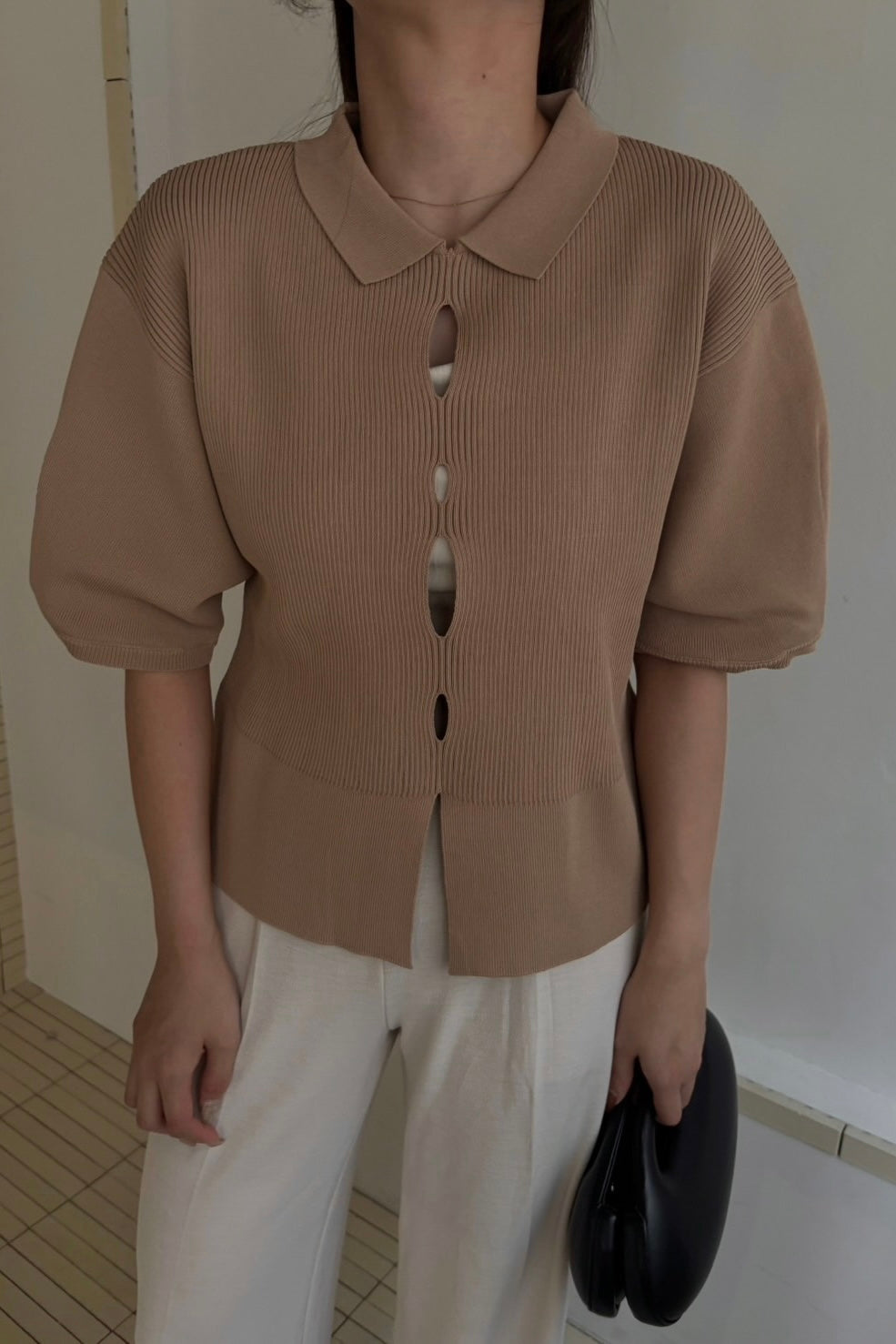 perforated collar puff sleeve knit