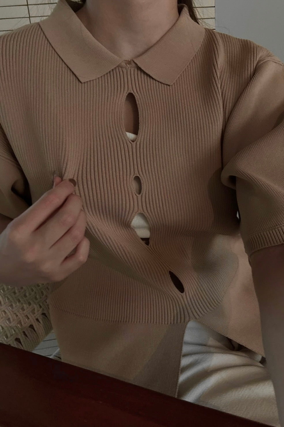 perforated collar puff sleeve knit