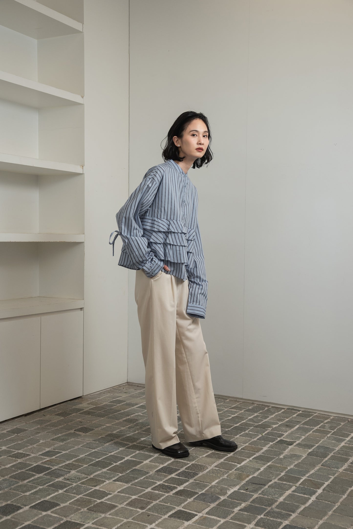waist frill ribbon stripe shirt