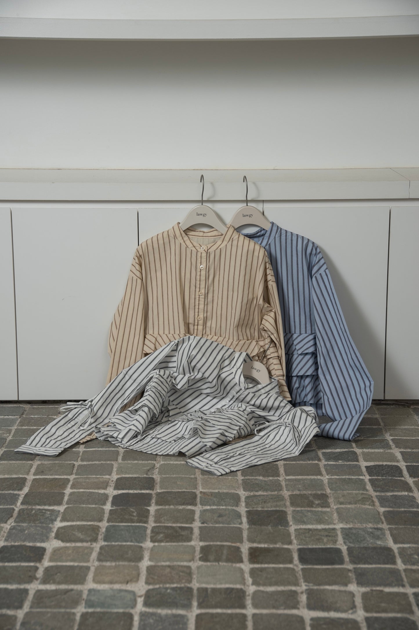 waist frill ribbon stripe shirt