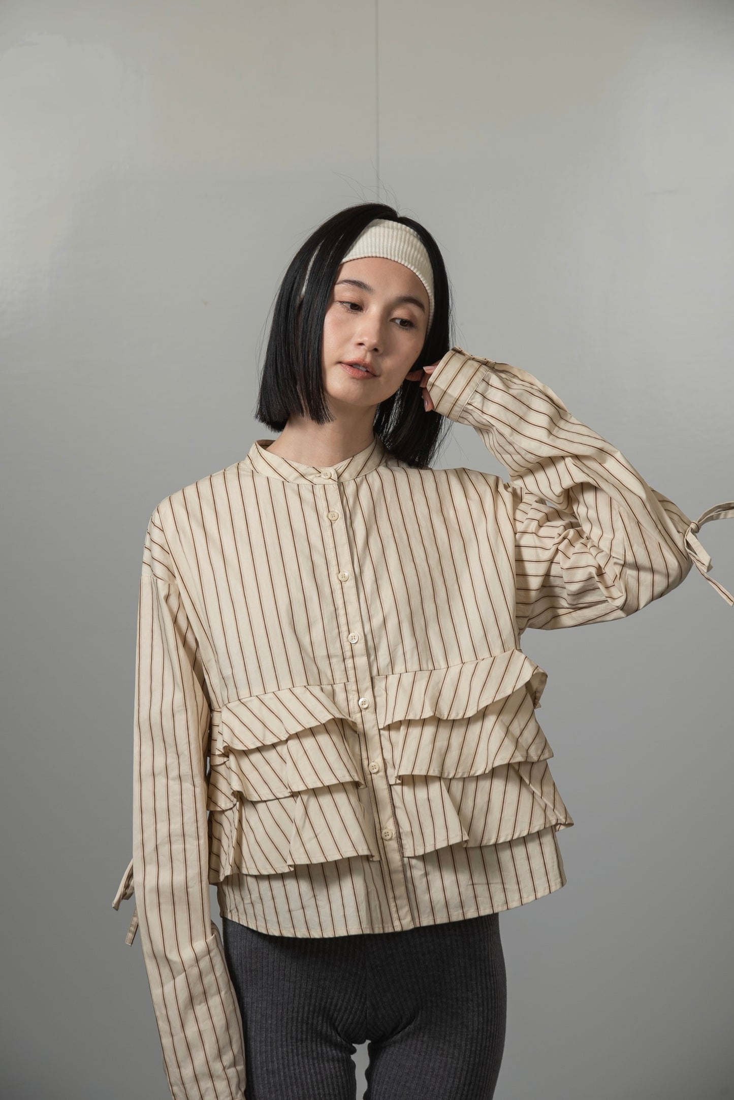 waist frill ribbon stripe shirt