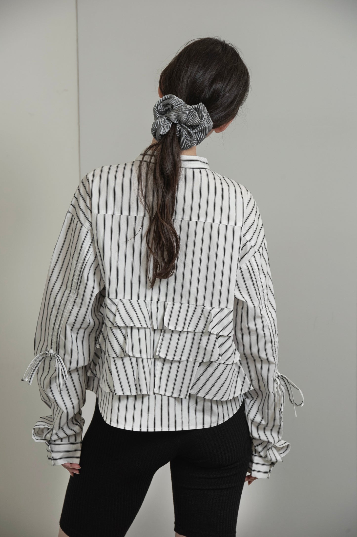 waist frill ribbon stripe shirt