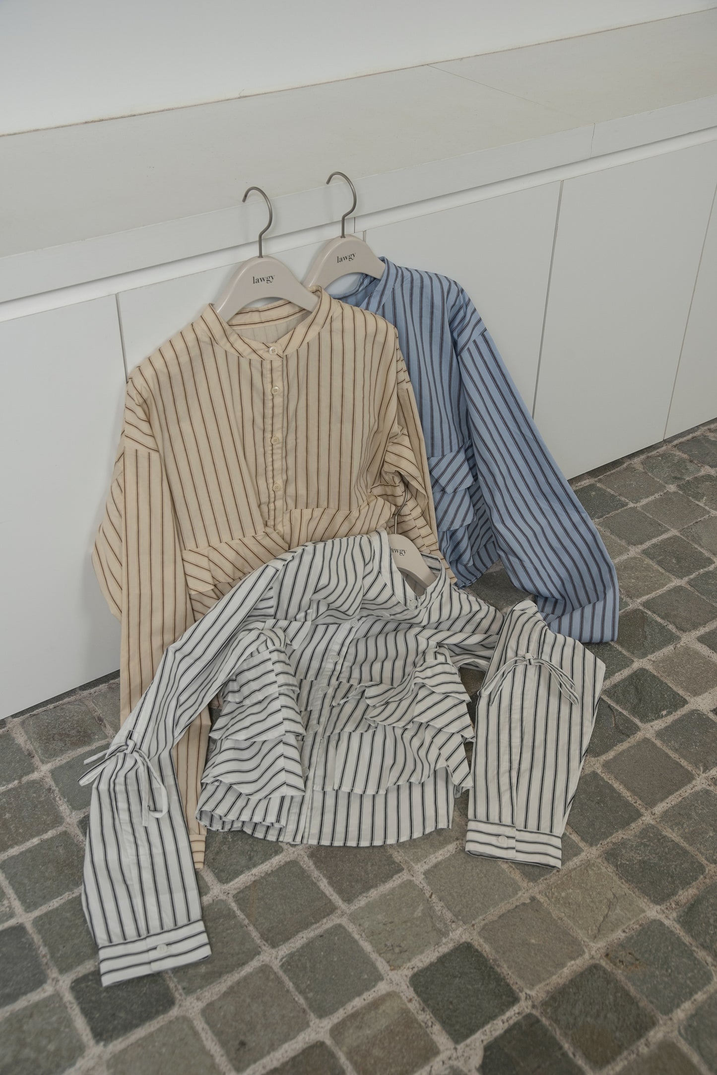 waist frill ribbon stripe shirt