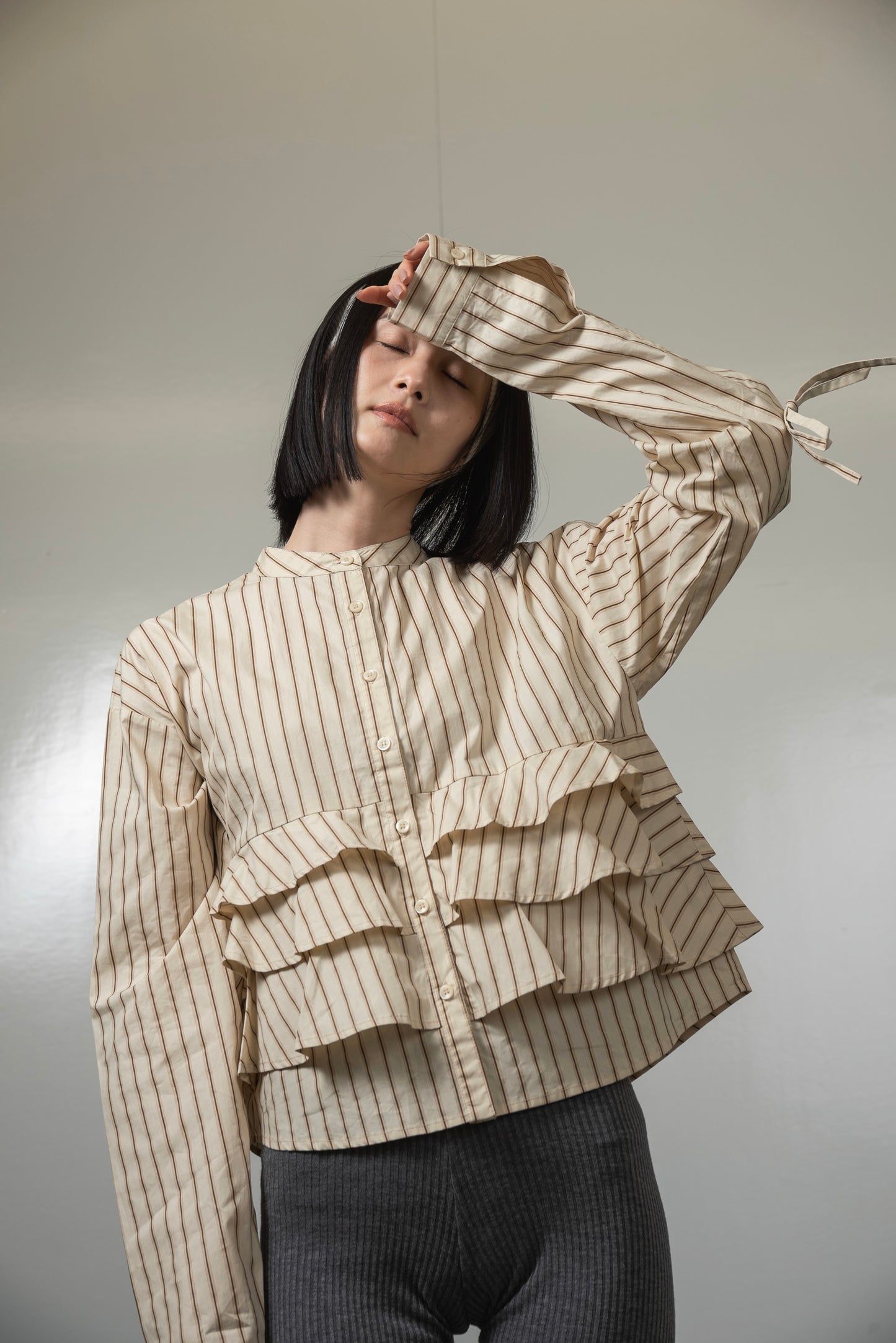 waist frill ribbon stripe shirt