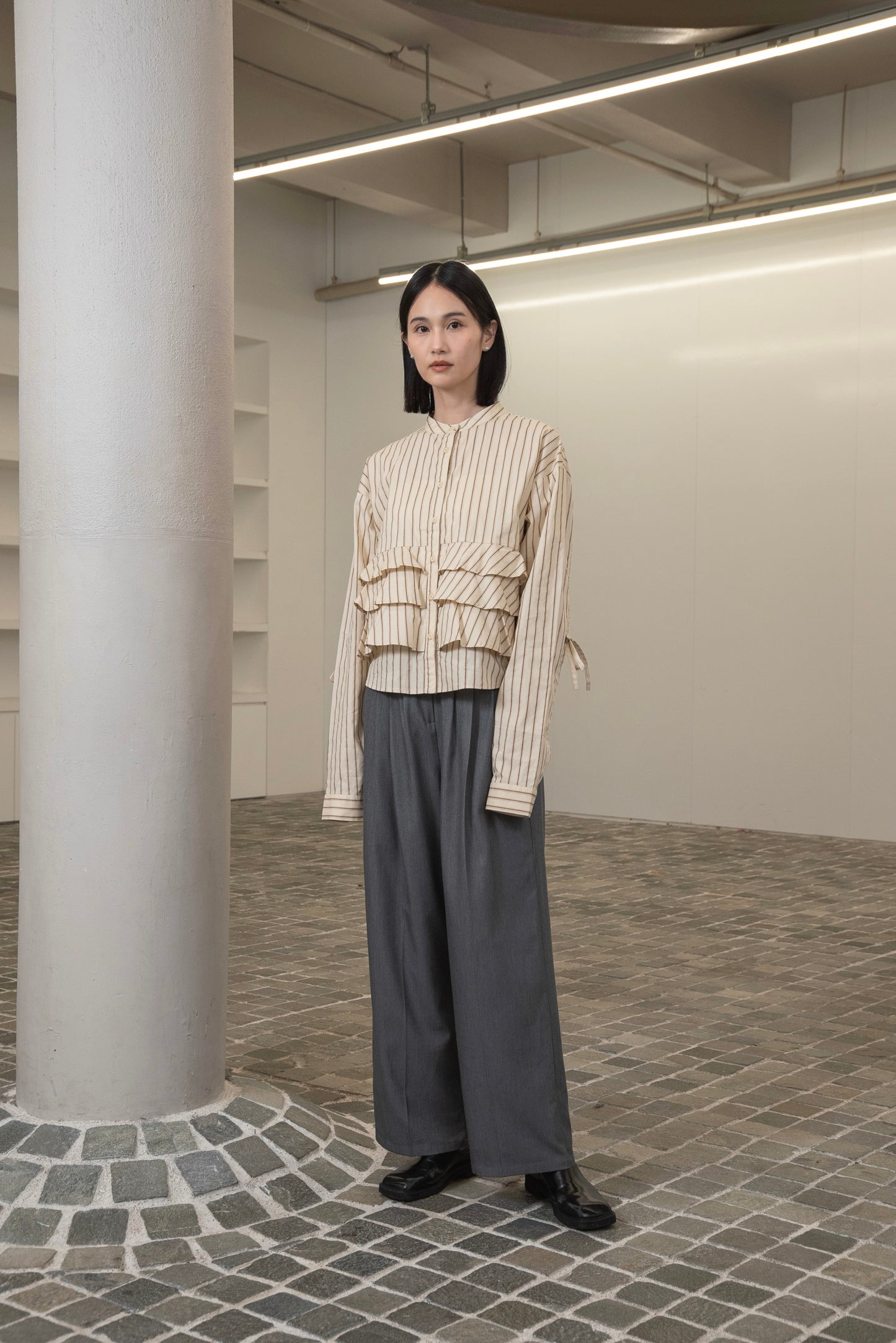 waist frill ribbon stripe shirt