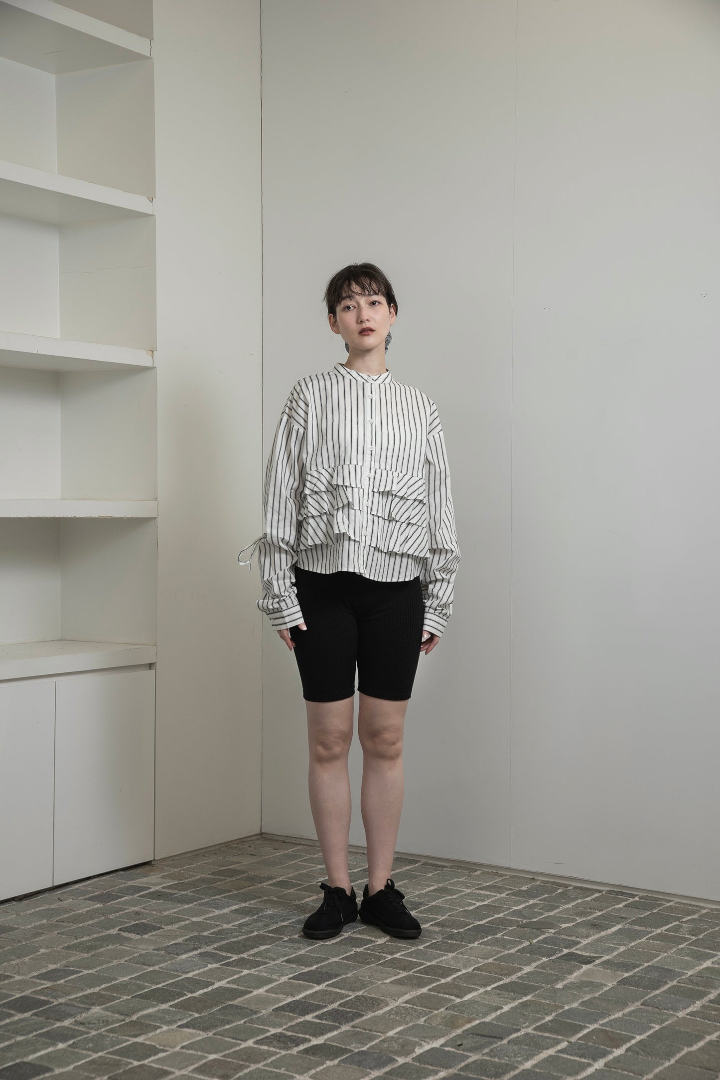waist frill ribbon stripe shirt