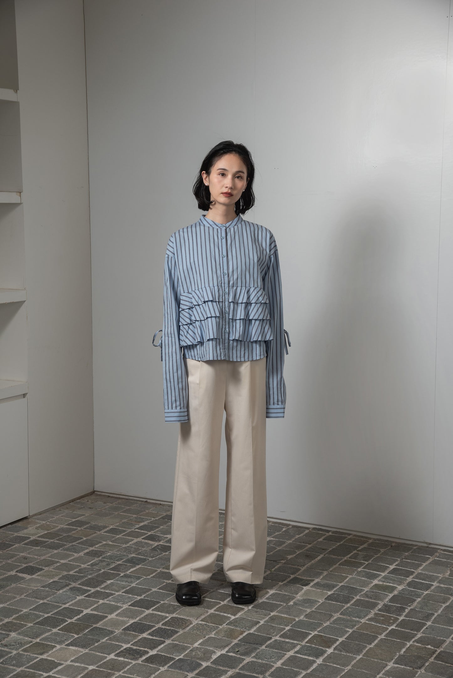 waist frill ribbon stripe shirt