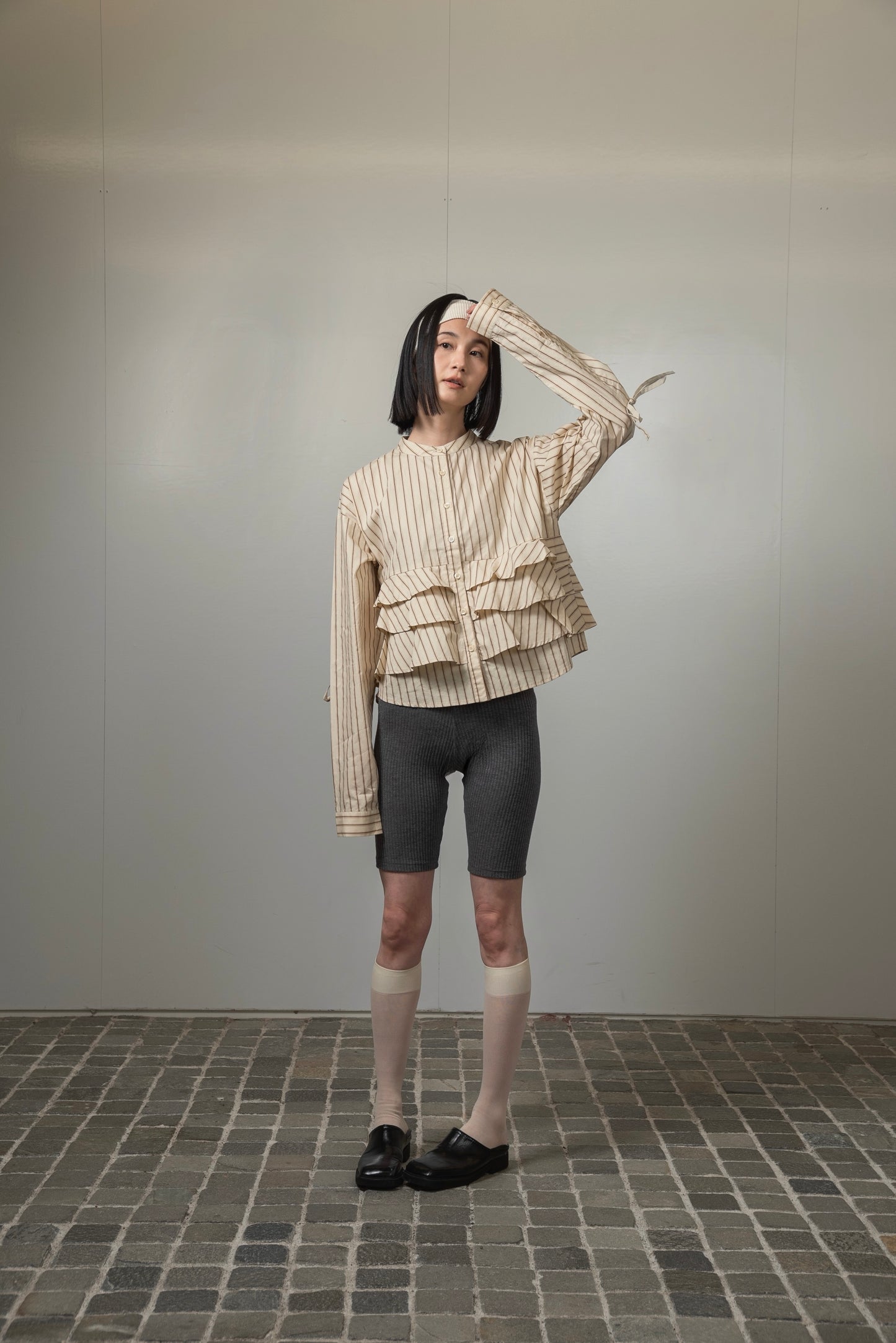 waist frill ribbon stripe shirt