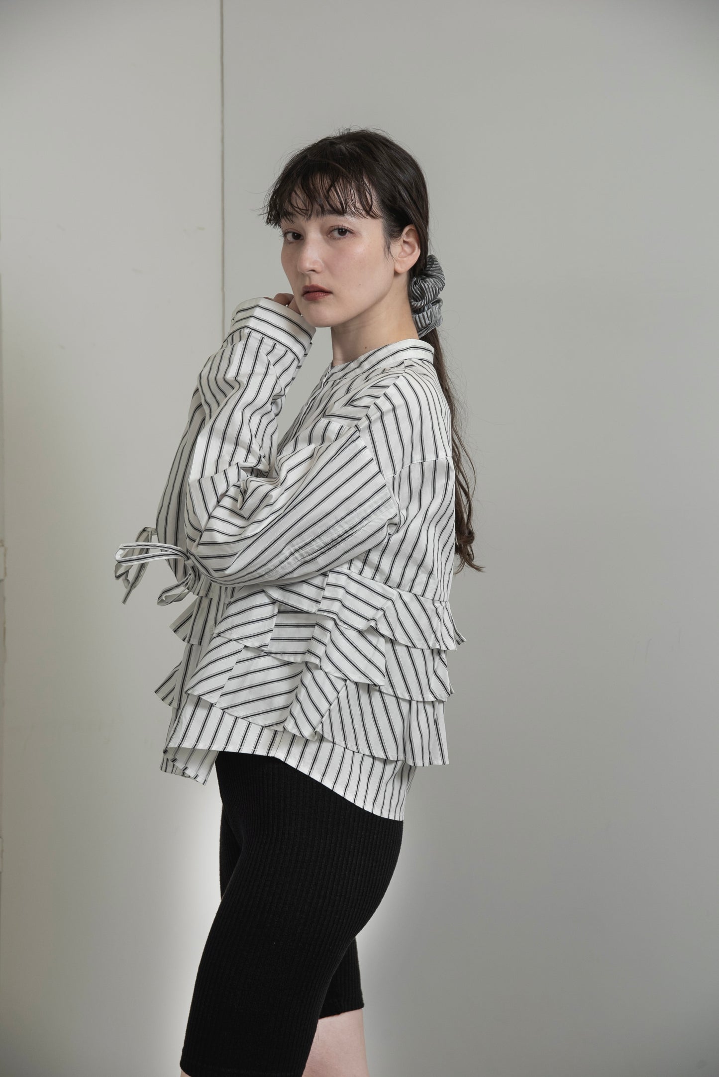 waist frill ribbon stripe shirt