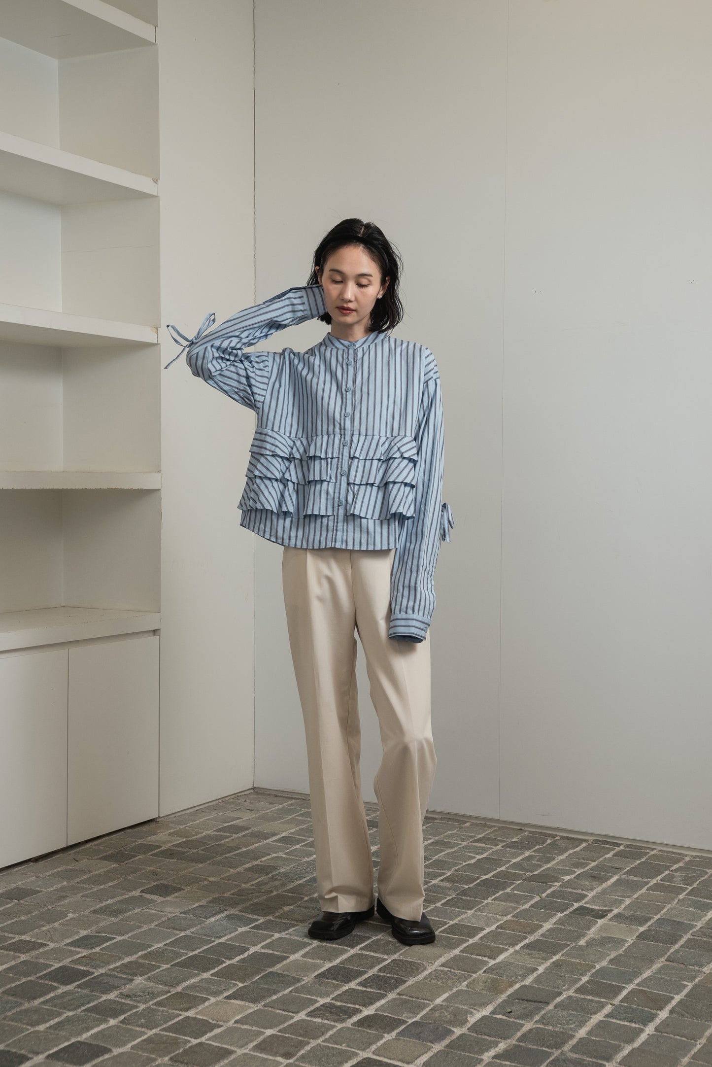 waist frill ribbon stripe shirt