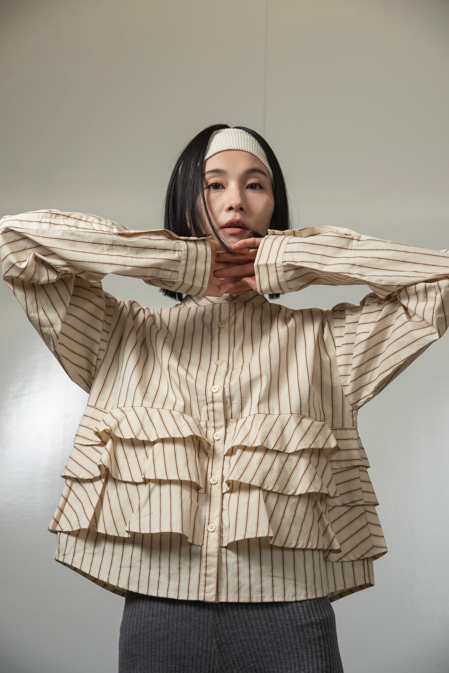 waist frill ribbon stripe shirt